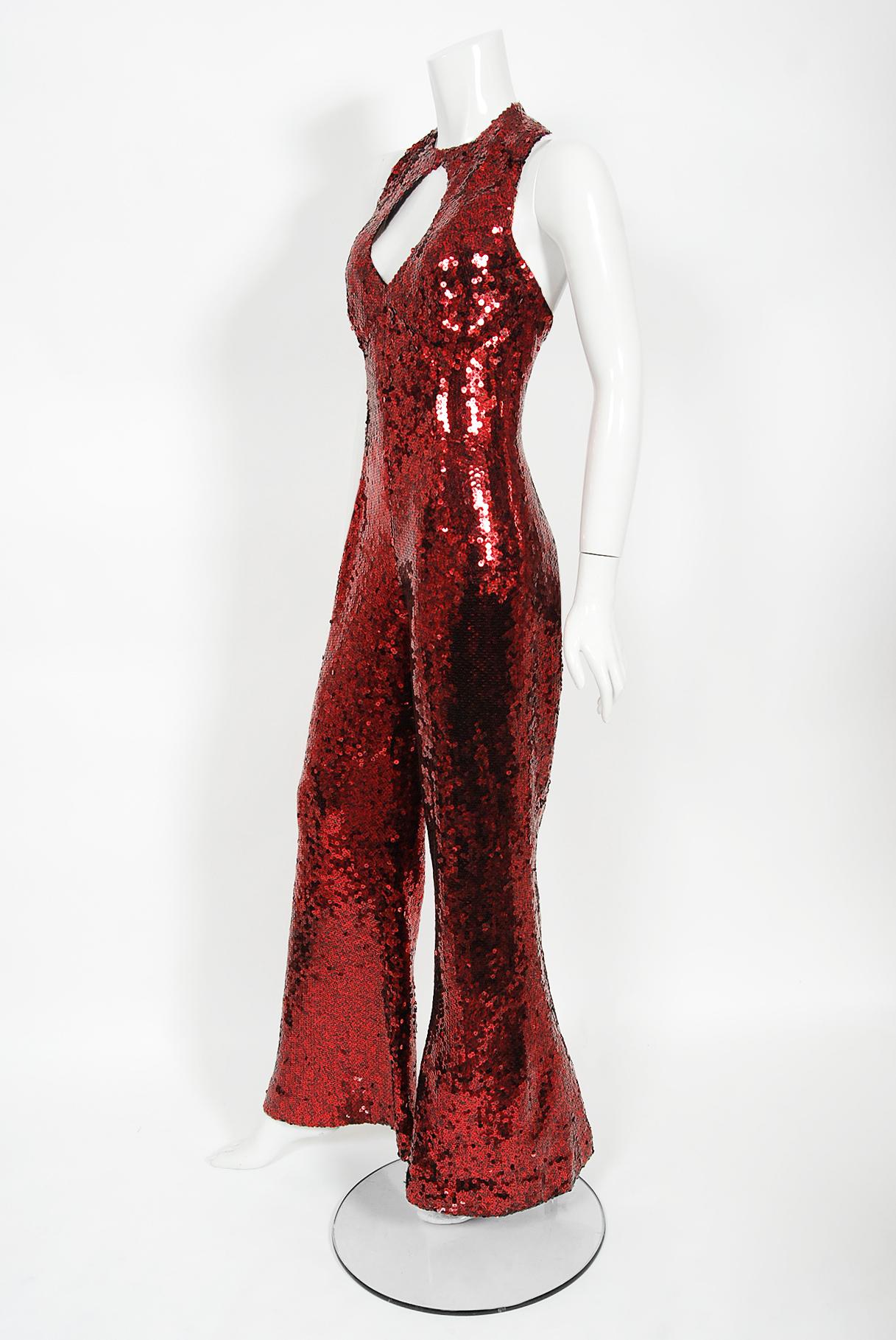 Women's Vintage 1970s Liza Minnell Owned Red Sequin Stretch Knit Key-Hole Disco Jumpsuit