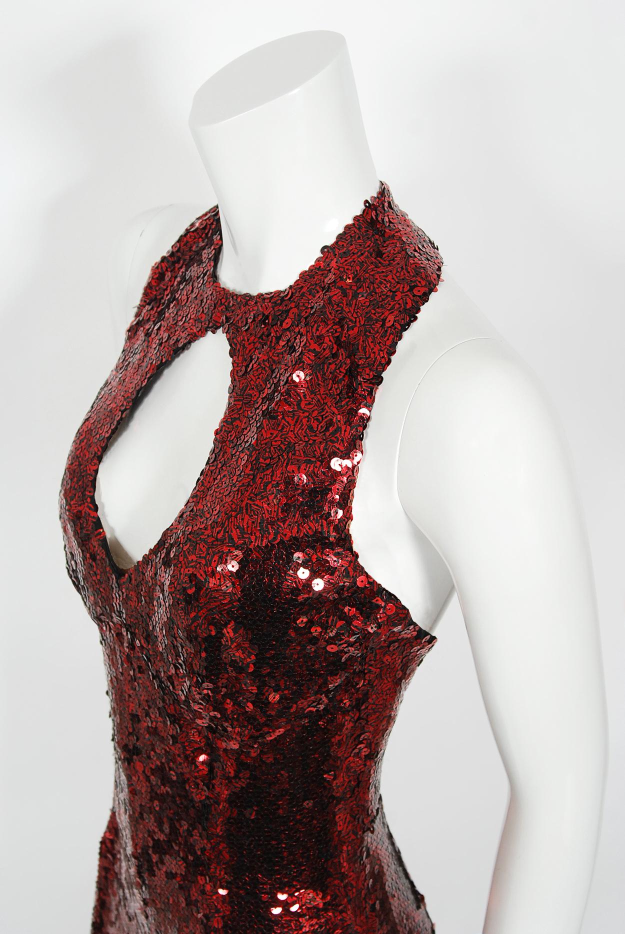 Vintage 1970s Liza Minnell Owned Red Sequin Stretch Knit Key-Hole Disco Jumpsuit 1