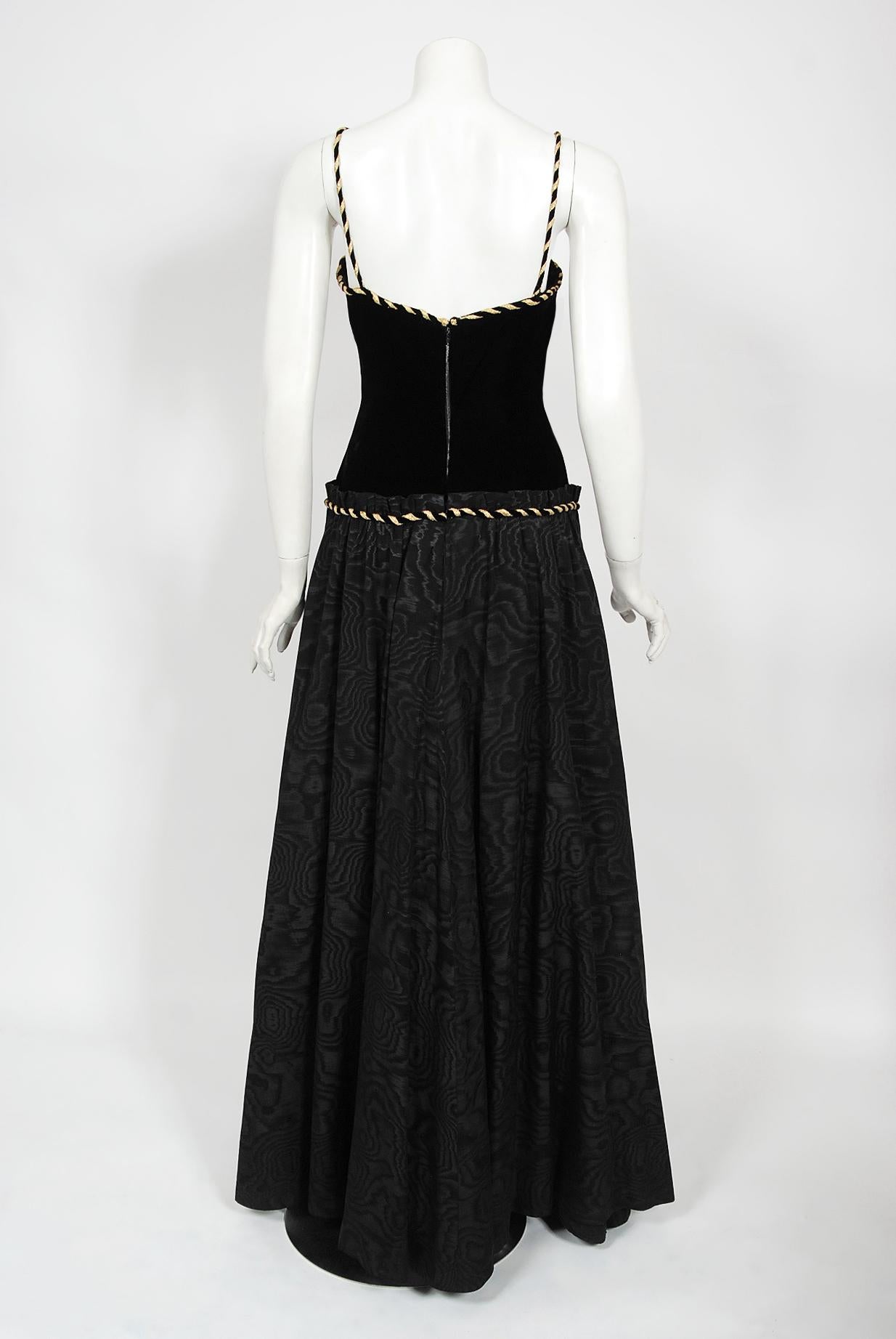 Vintage 1970's Loris Azzaro Couture Black Gold Silk & Velvet Lace-Up Corset Gown For Sale 6