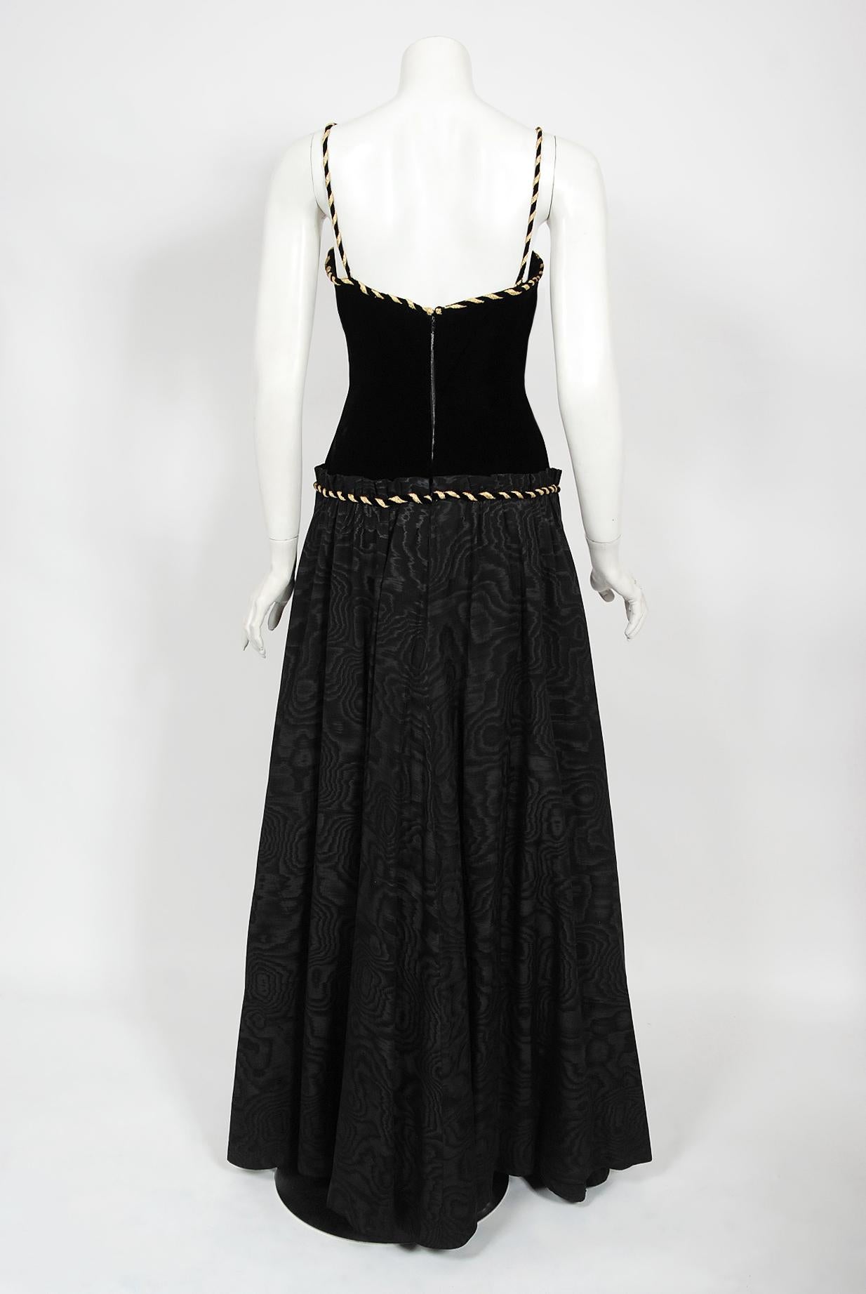 1970s Loris Azzaro Couture Black Metallic Gold Silk & Velvet Lace-Up Corset Gown For Sale 6