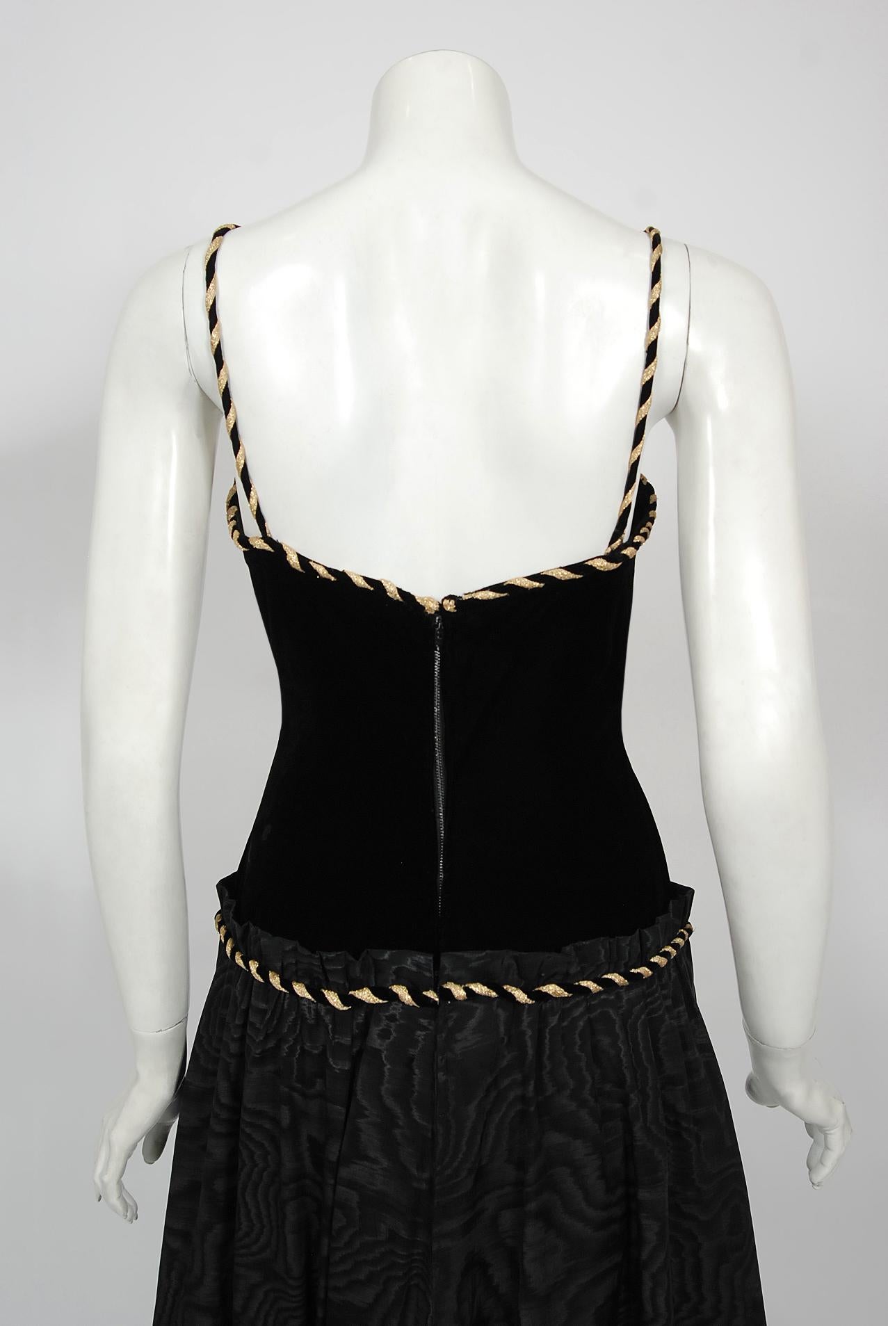 Vintage 1970's Loris Azzaro Couture Black Gold Silk & Velvet Lace-Up Corset Gown For Sale 7
