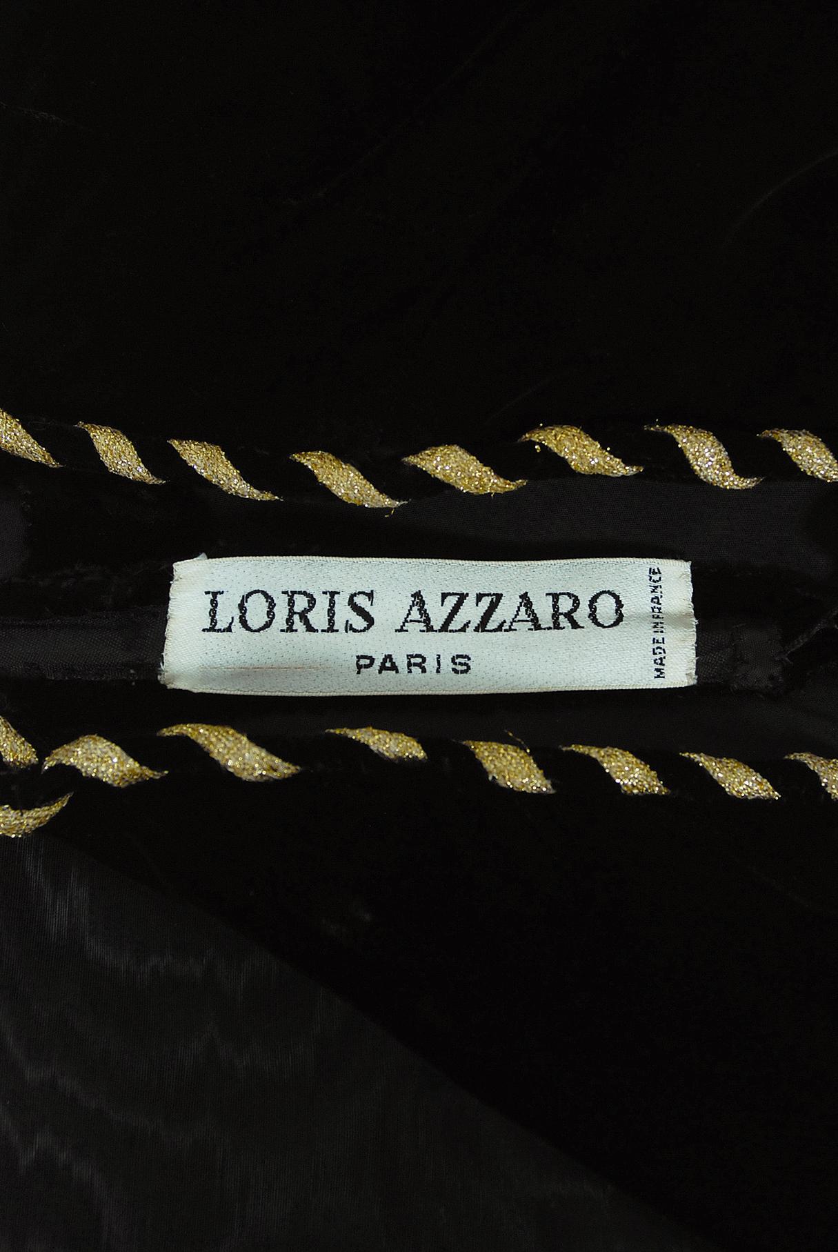 Vintage 1970's Loris Azzaro Couture Black Gold Silk & Velvet Lace-Up Corset Gown For Sale 8