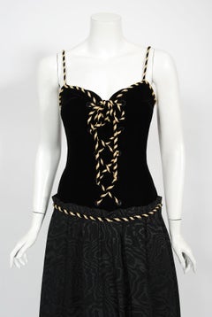 1970s Loris Azzaro Couture Black Metallic Gold Silk & Velvet Lace-Up Corset Gown
