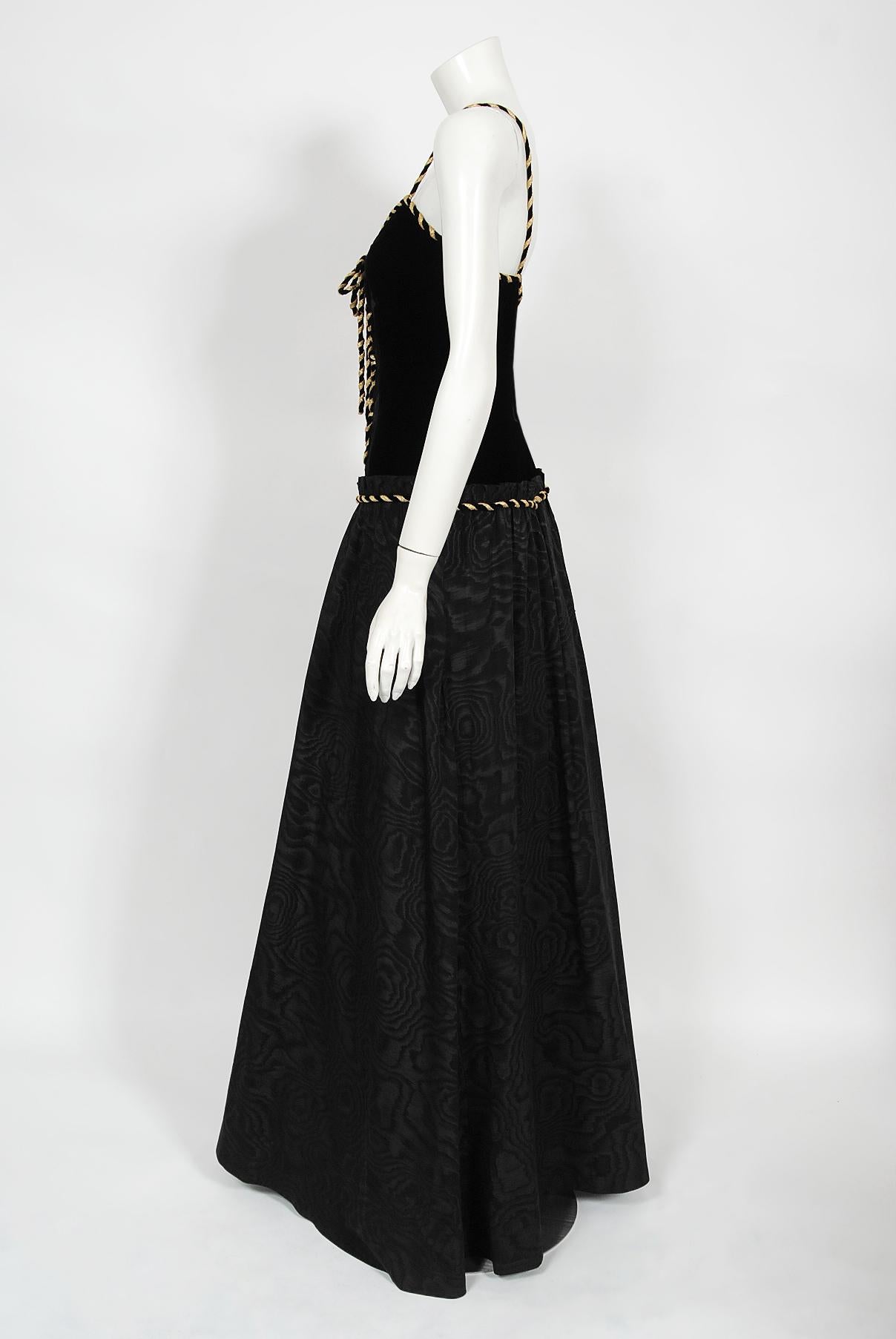 Vintage 1970's Loris Azzaro Couture Black Gold Silk & Velvet Lace-Up Corset Gown For Sale 2