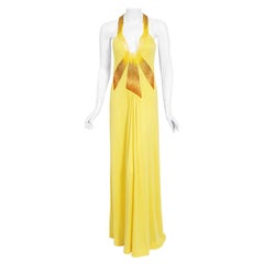 Vintage 1970's Loris Azzaro Couture Yellow Ombre Beaded Silk-Jersey Halter Gown 