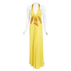 Vintage 1970's Loris Azzaro Couture Yellow Ombre Beaded Silk-Jersey Halter Gown