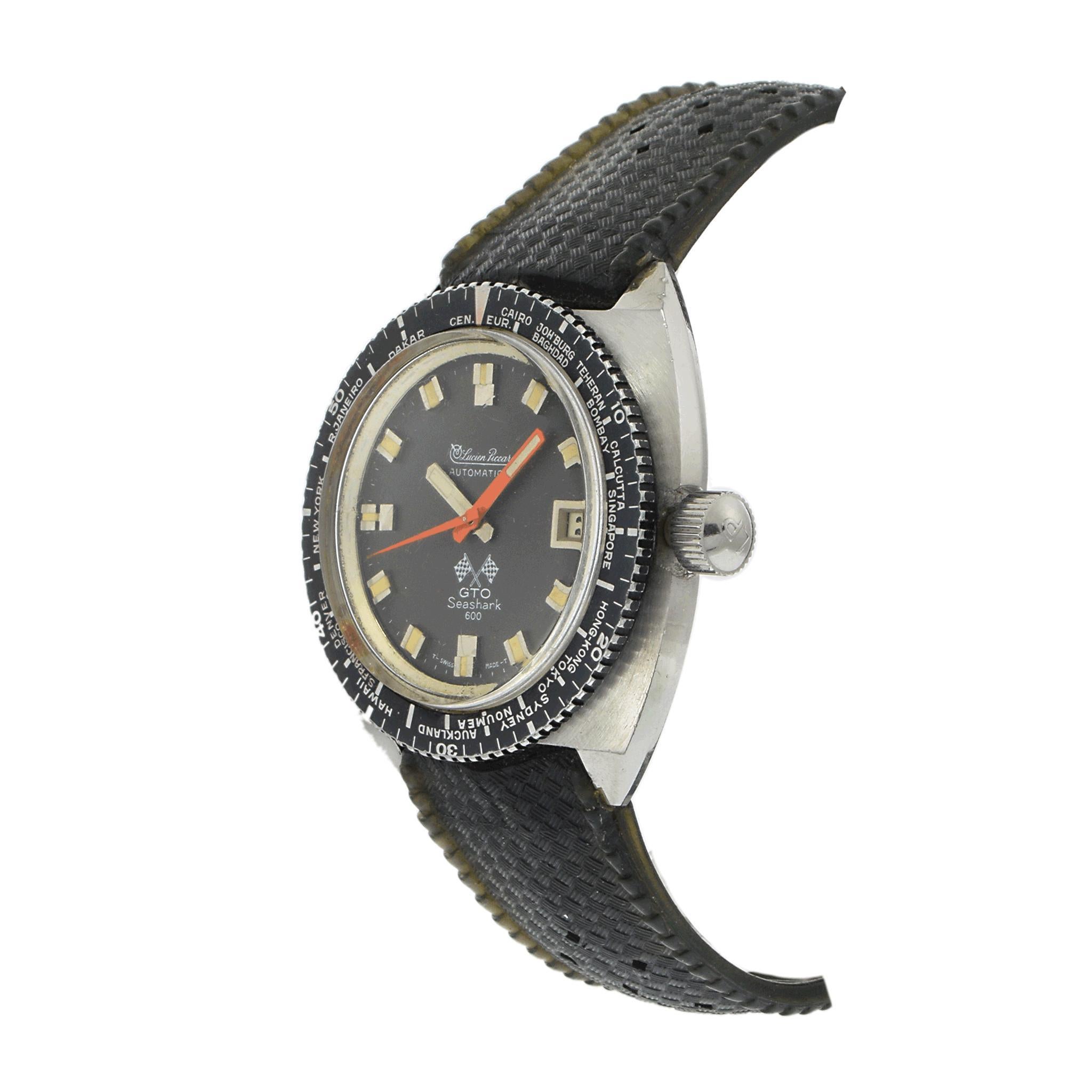 A rare and distinctive 1970s Lucien Piccard GTO Seashark 600, blending motorsport inspiration with world time functionality. The black dial features raised luminescent markers that have developed an attractive patina, complemented by the GTO