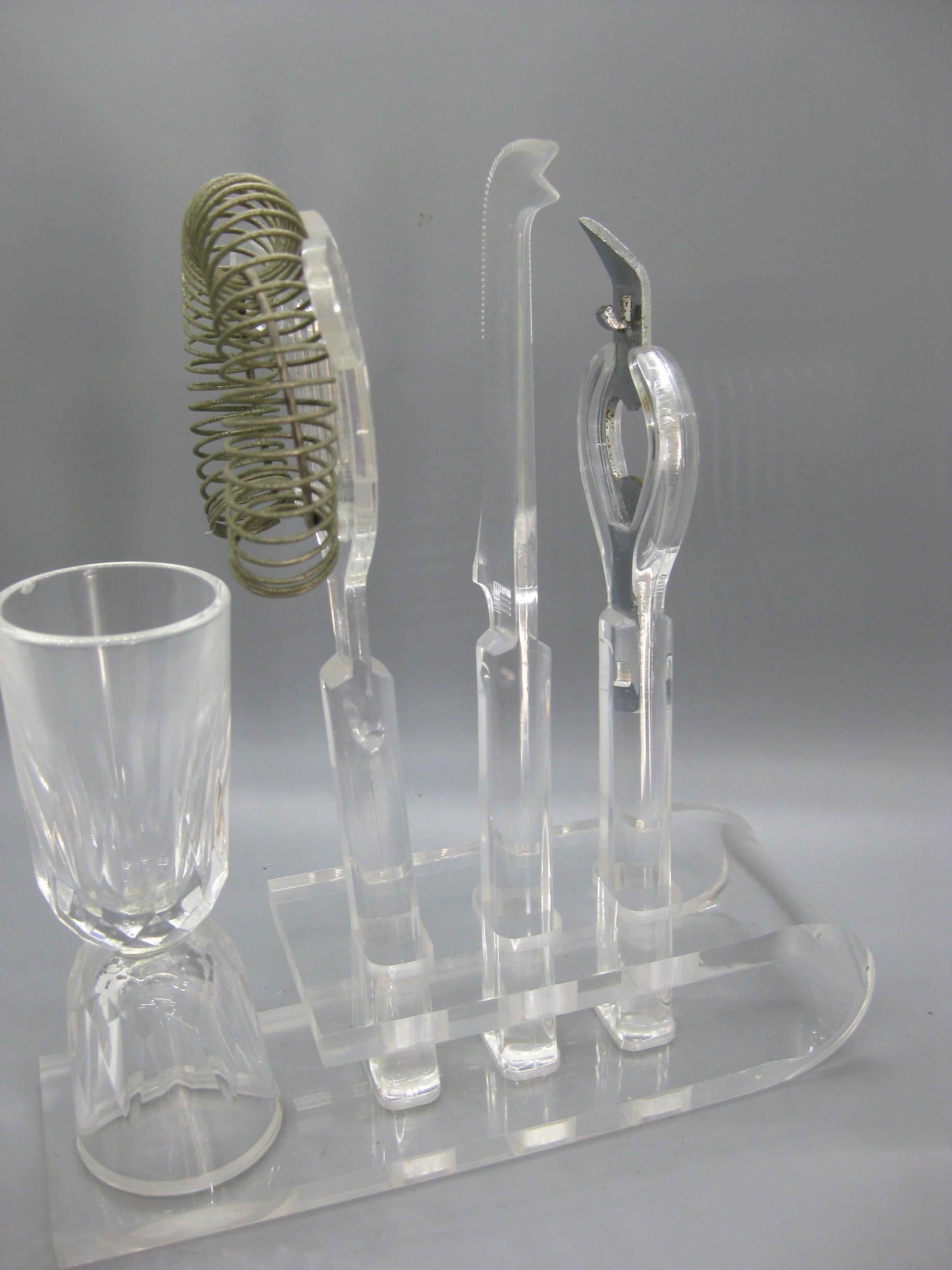 Taiwanese Vintage 1970's Lucite Acrylic Bar Tool Set Barware Serving Pieces w/Caddy For Sale