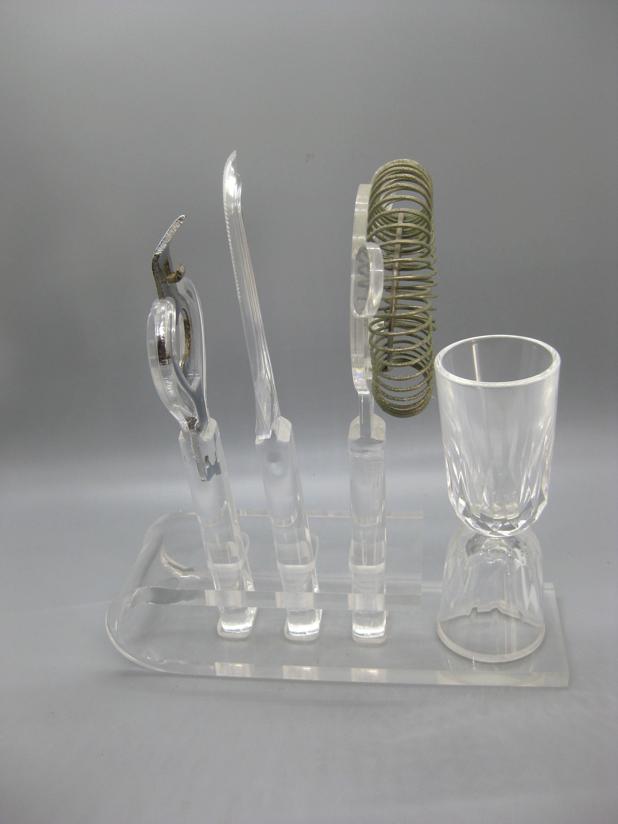 20th Century Vintage 1970's Lucite Acrylic Bar Tool Set Barware Serving Pieces w/Caddy For Sale