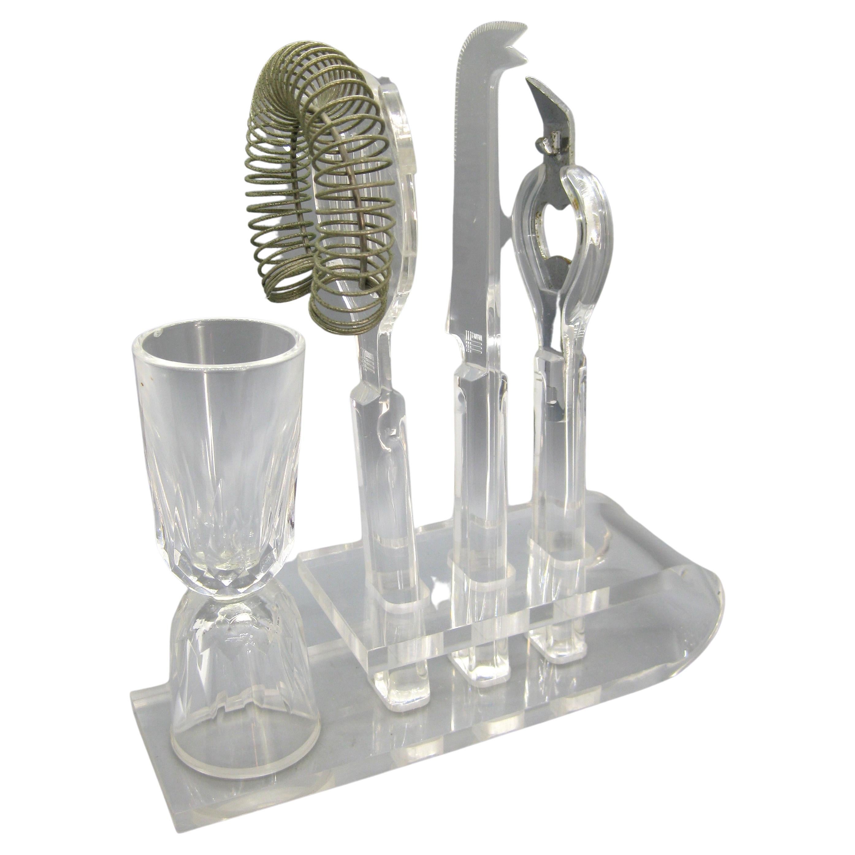 Vintage 1970's Lucite Acrylic Bar Tool Set Barware Serving Pieces w/Caddy For Sale
