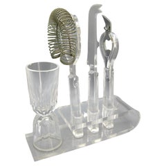 Used 1970's Lucite Acrylic Bar Tool Set Barware Serving Pieces w/Caddy