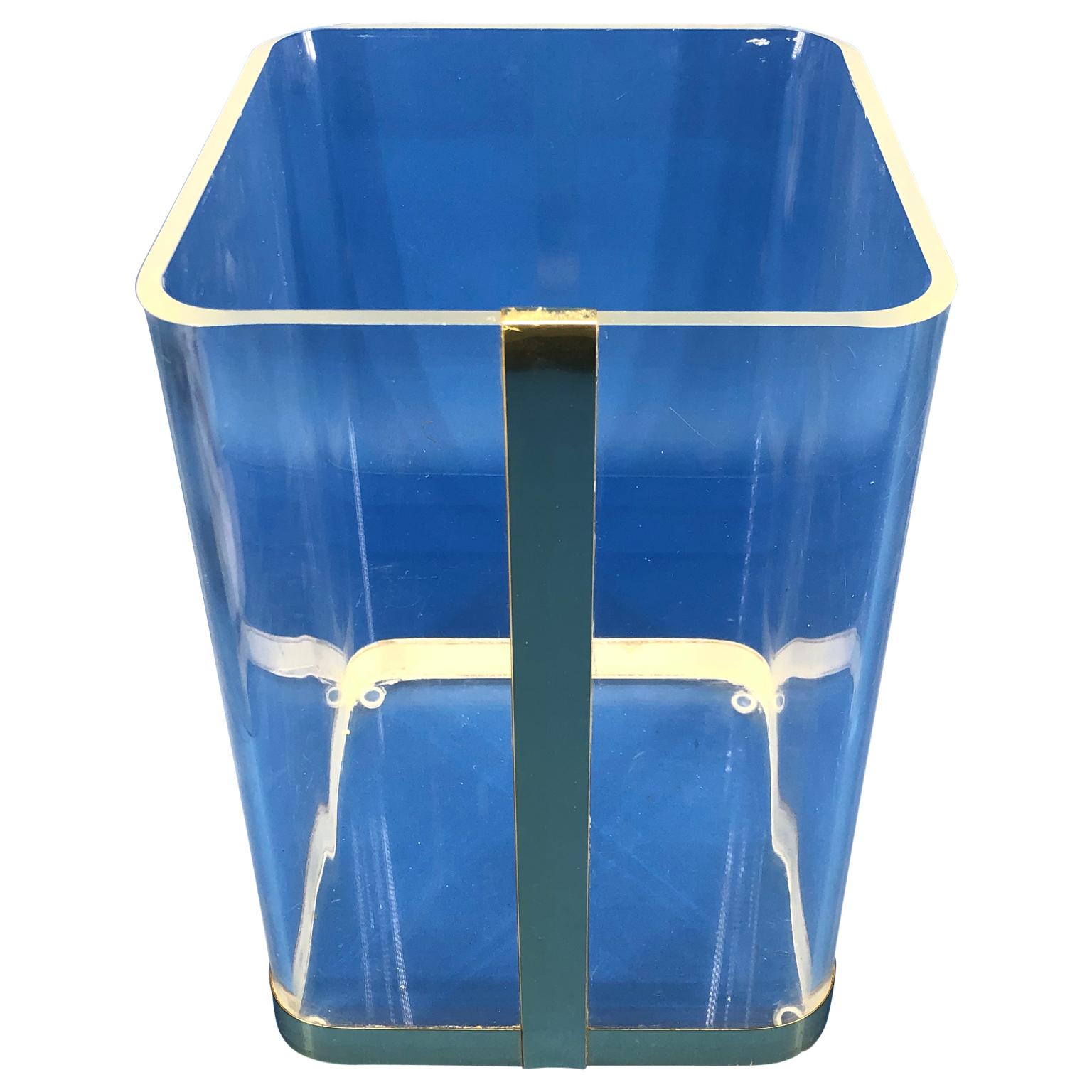 French Vintage 1970s Lucite and Brass Paper Waste Basket