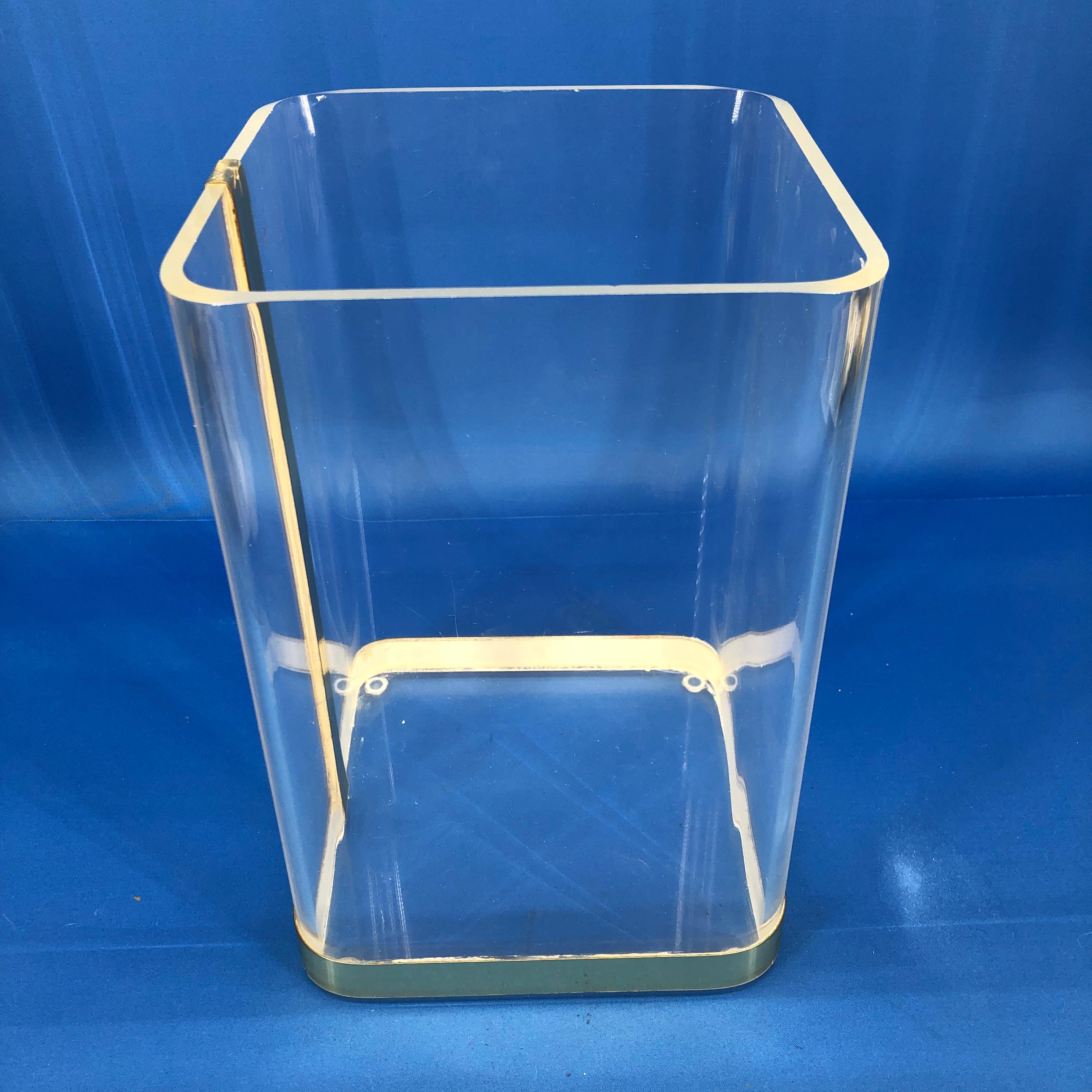 20th Century Vintage 1970s Lucite and Brass Paper Waste Basket