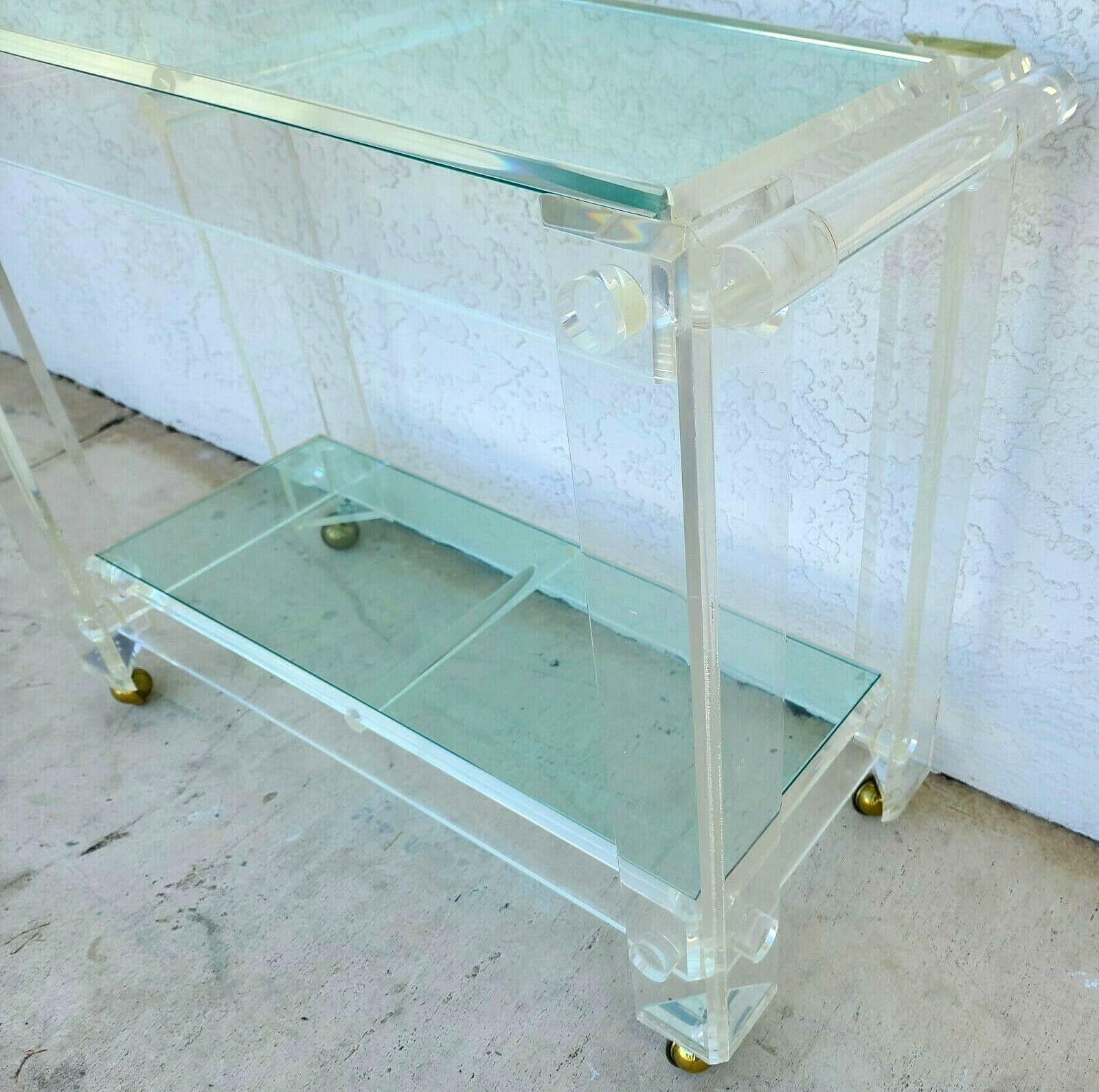 Mid-Century Modern Vintage 1970s Lucite & Glass Rolling Bar Serving Cart For Sale