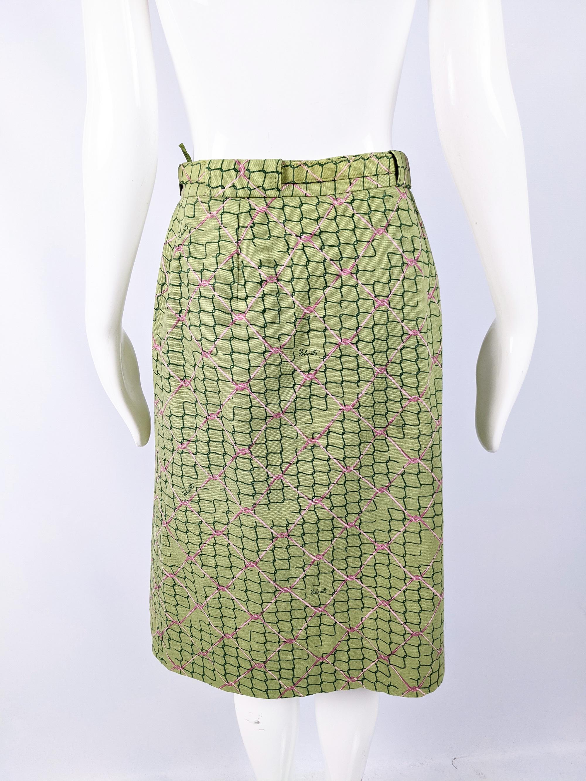 Vintage 1970s Luisa Frassine Ken Scott 'Falconetto'  Fabric Green Cotton Skirt In Good Condition For Sale In Doncaster, South Yorkshire