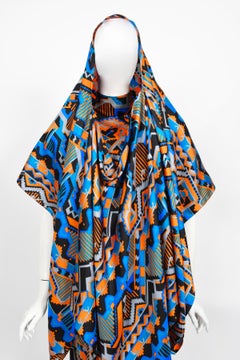 Important 1970s Madame Grès Haute Couture Graphic Print Silk Gown & Hooded Shawl