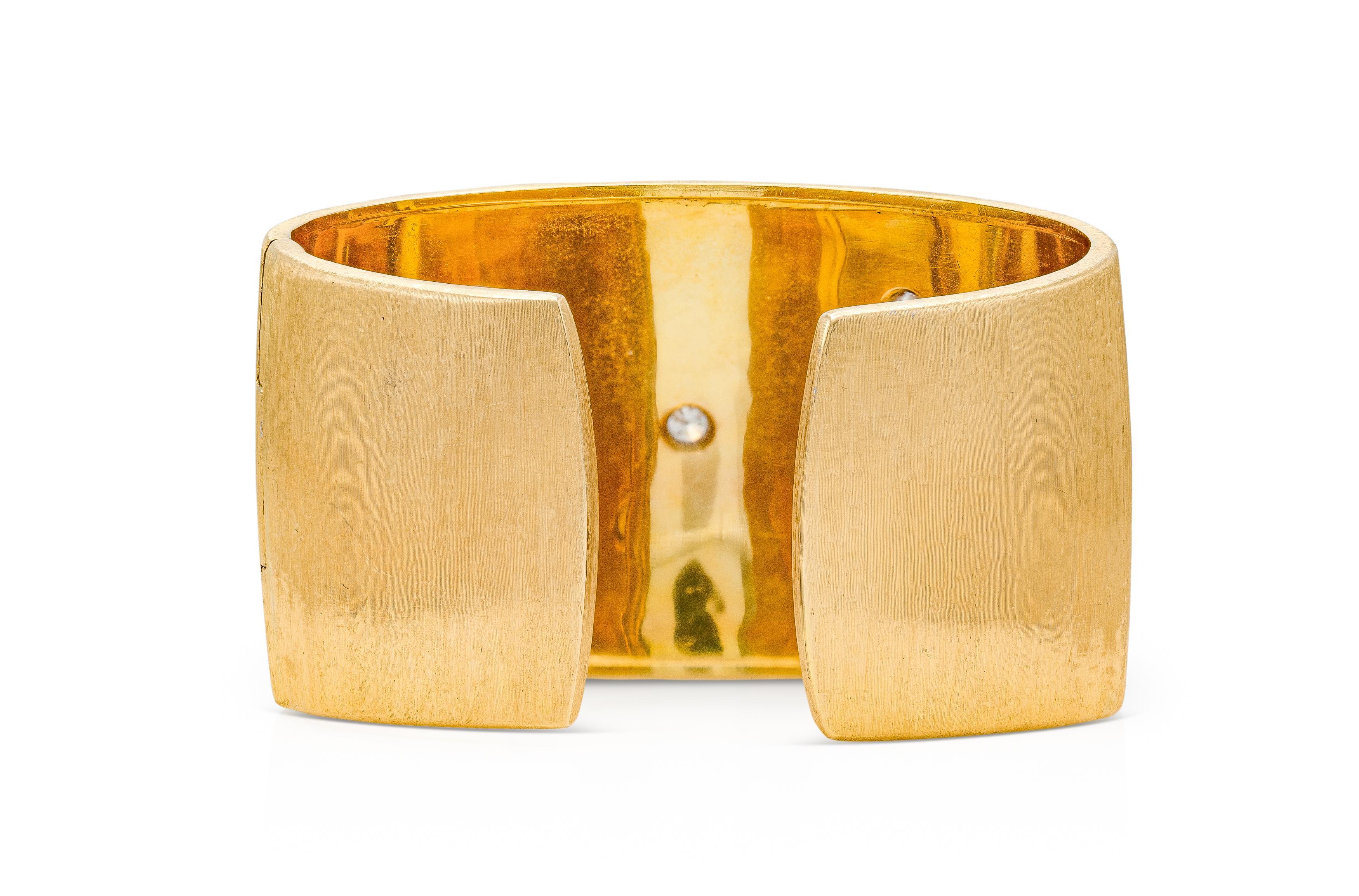 Round Cut Vintage 1970s Mario Buccellati Macri Gold and Diamond Wide Cuff Bracelet