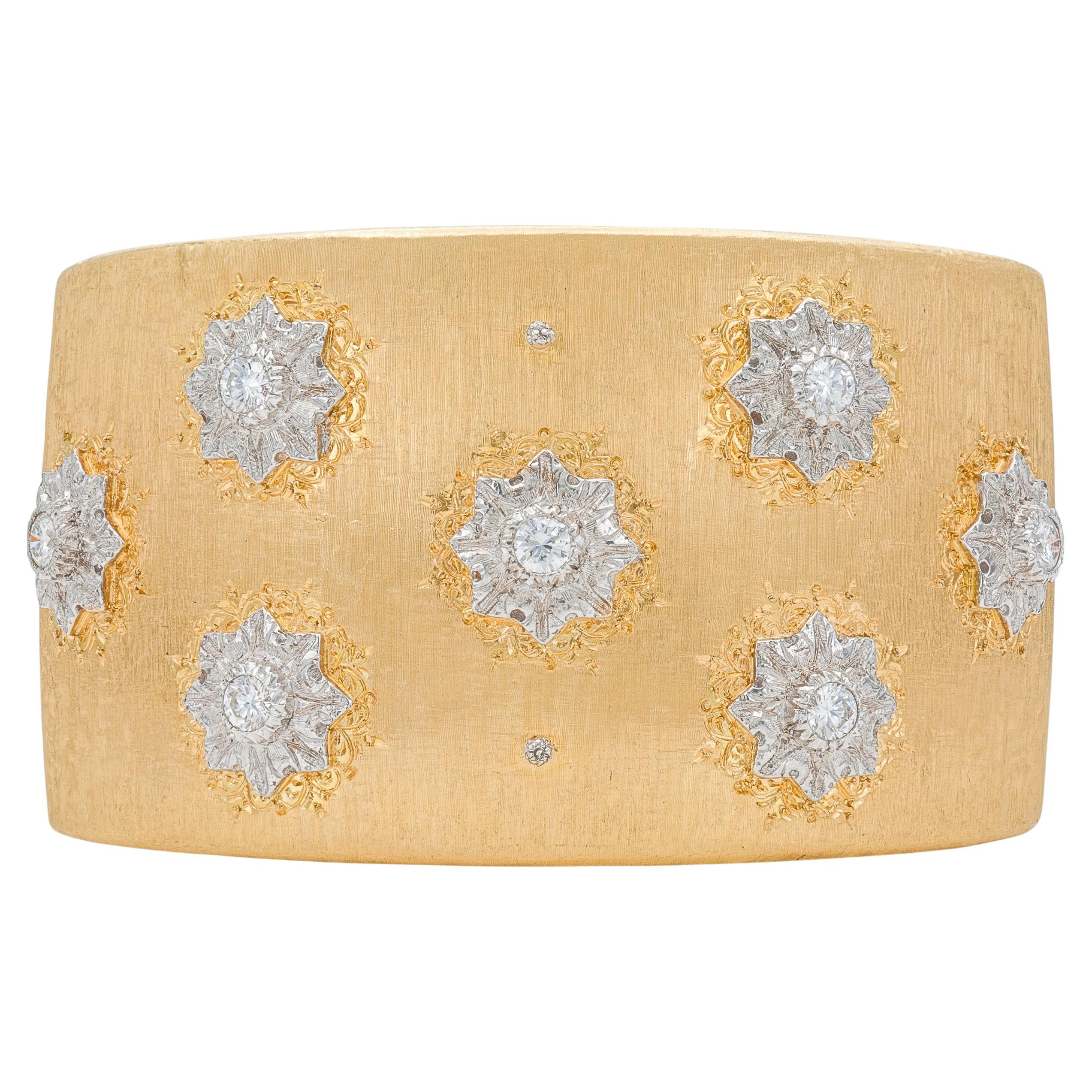 Vintage 1970s Mario Buccellati Macri Gold and Diamond Wide Cuff Bracelet
