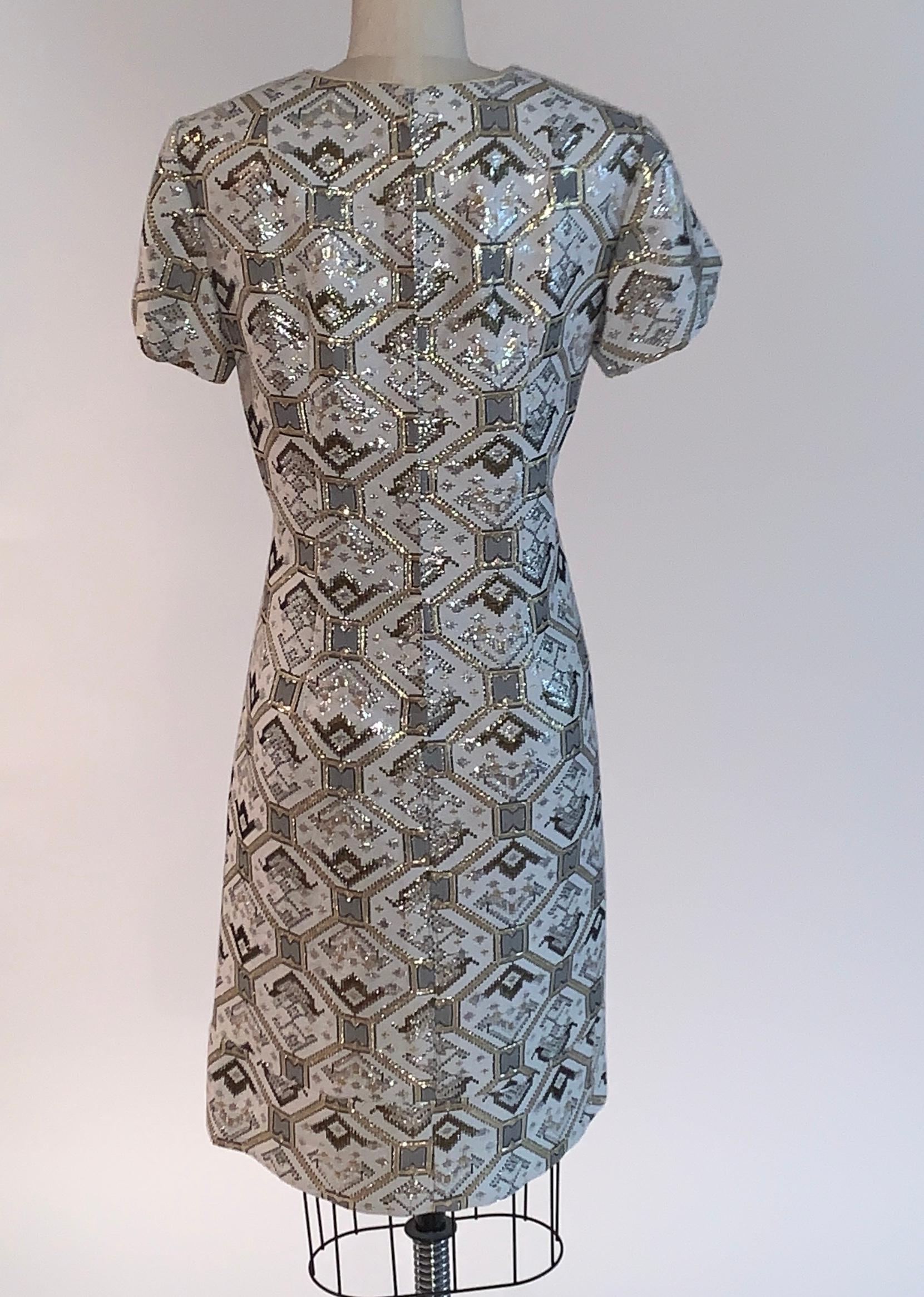 Vintage 1970s Metallic Silver Gold and White Brocade Coat and Dress Set  In Excellent Condition For Sale In San Francisco, CA