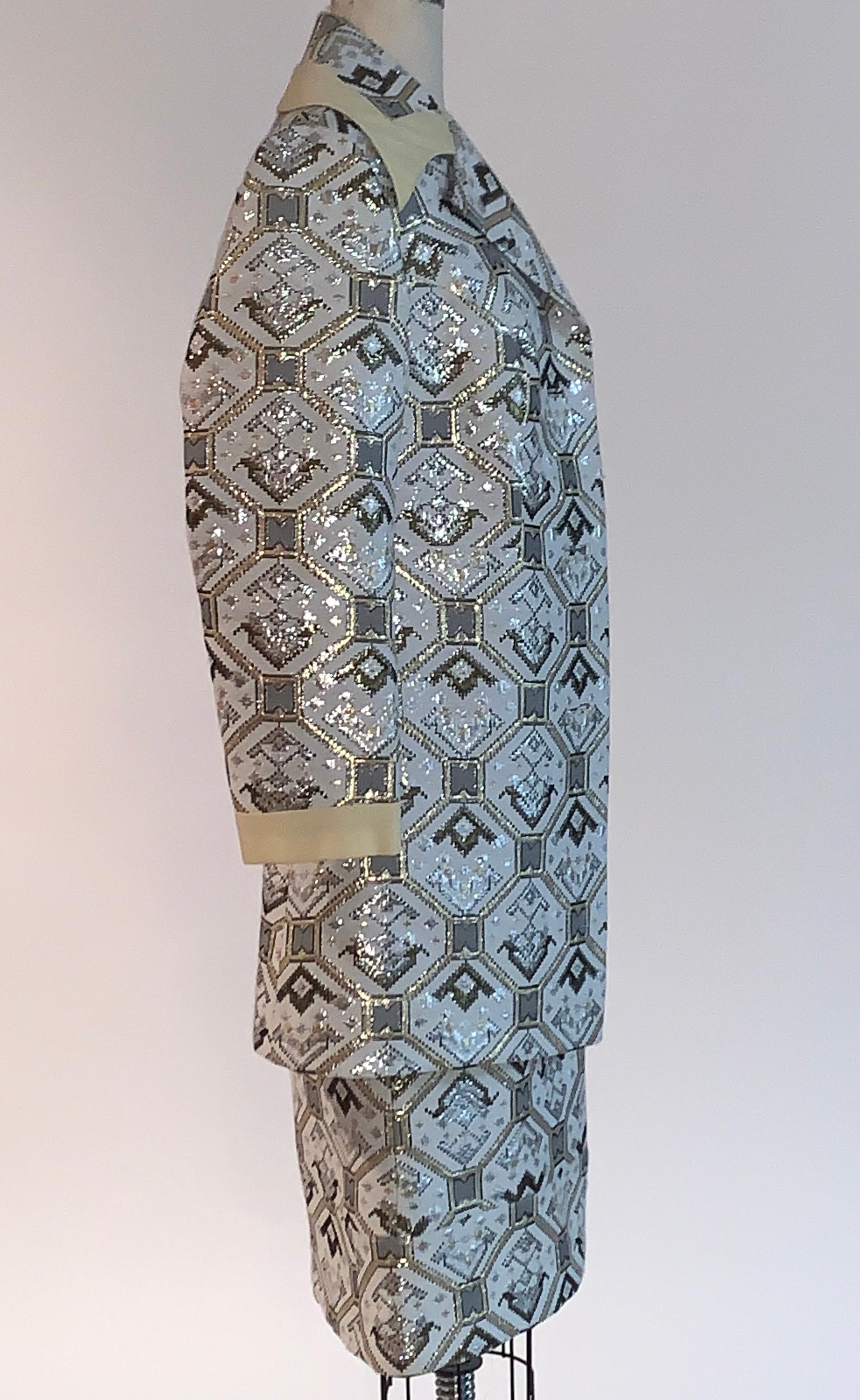 Women's Vintage 1970s Metallic Silver Gold and White Brocade Coat and Dress Set For Sale