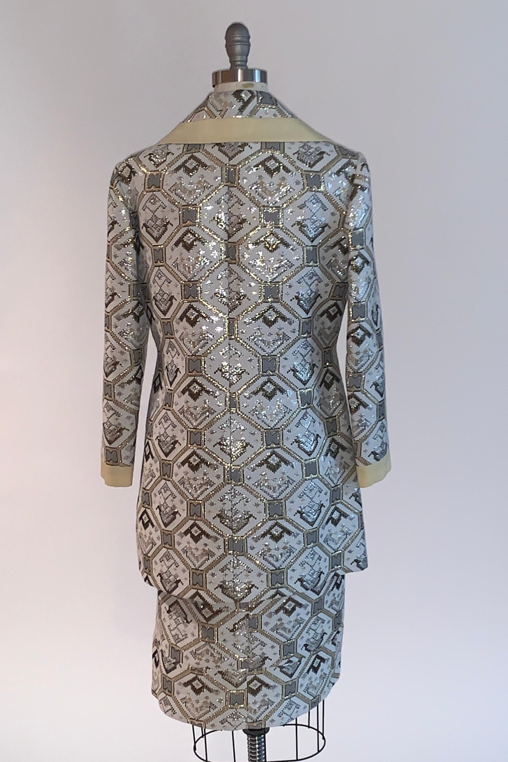 Vintage 1970s Metallic Silver Gold and White Brocade Coat and Dress Set For Sale 1
