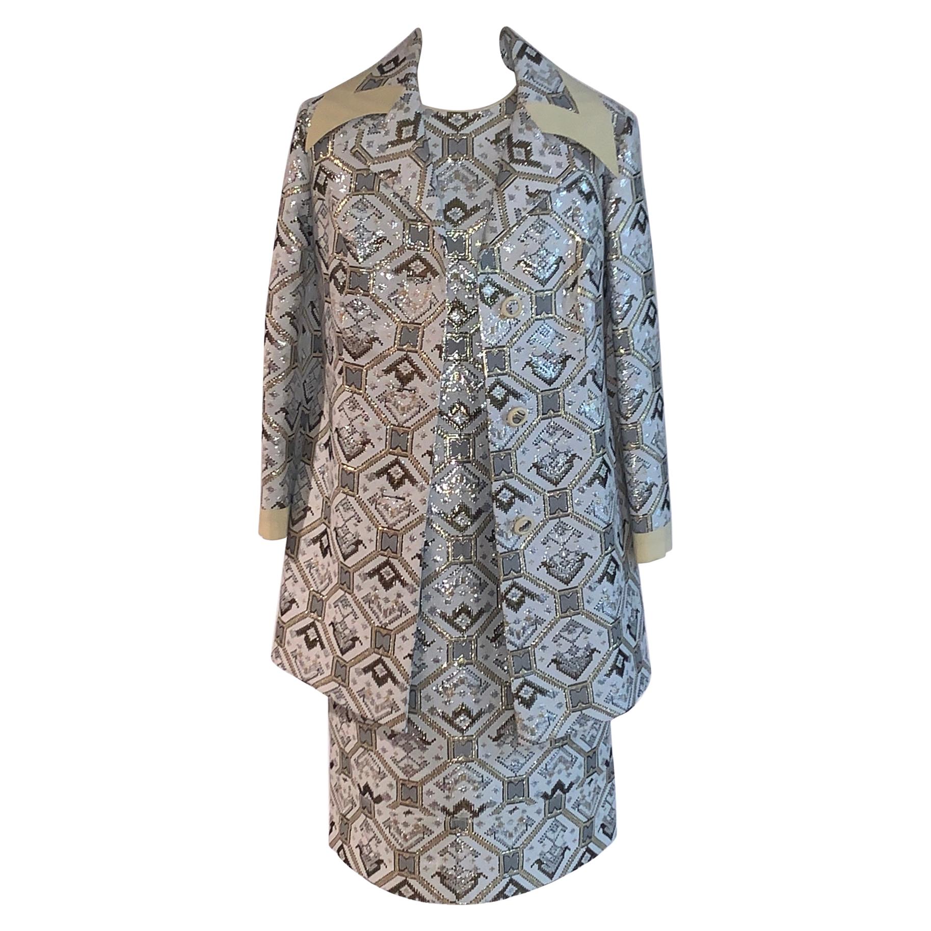 Vintage 1970s Metallic Silver Gold and White Brocade Coat and Dress Set  For Sale