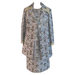 Vintage 1970s Metallic Silver Gold and White Brocade Coat and Dress Set 