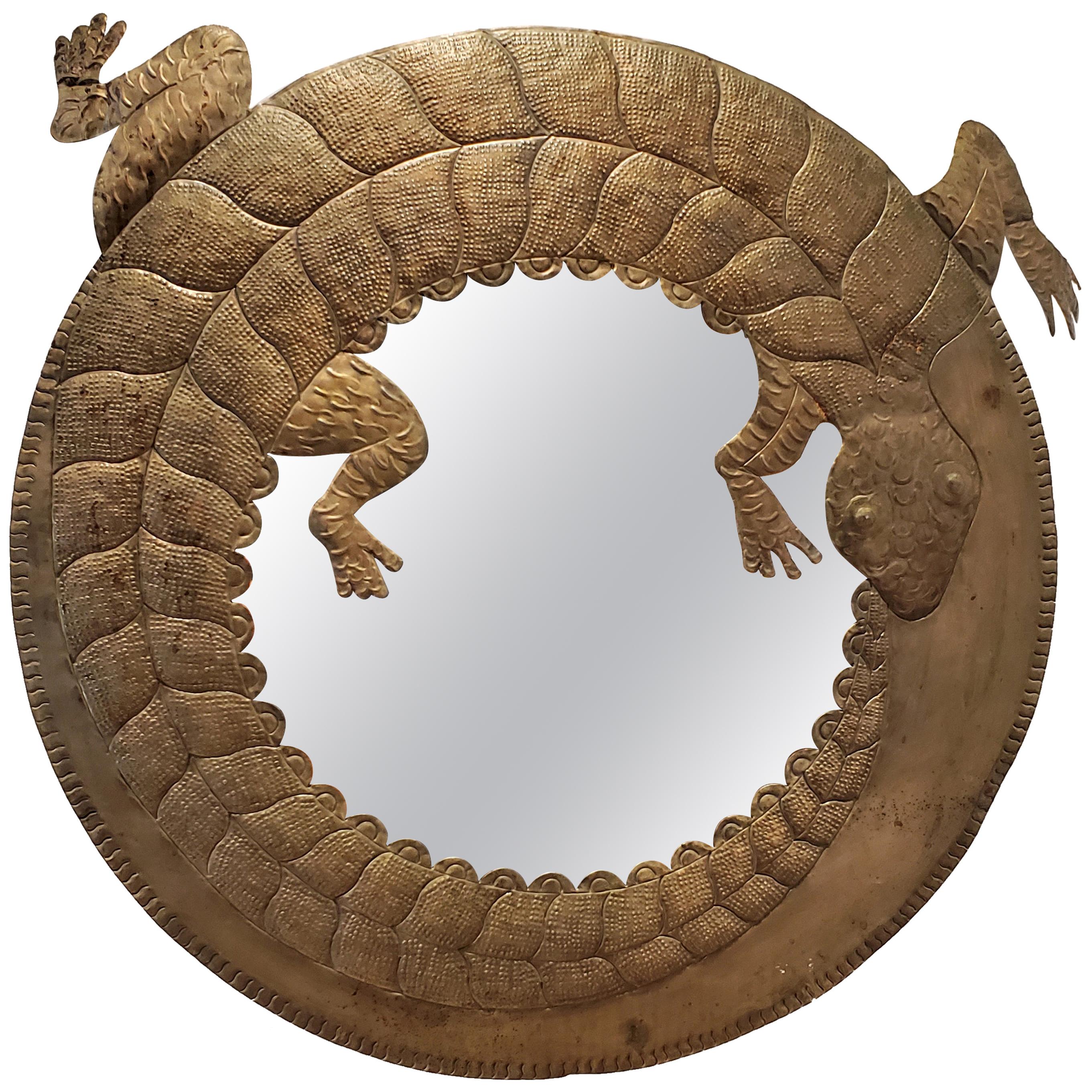 Vintage 1970s Mexican Hammered Brass Circular Coiled Lizard Mirror