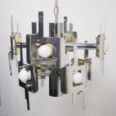 Vintage 1970s Mid-Century Modern Brass and Chrome Chandelier by Gaetano Sciolari