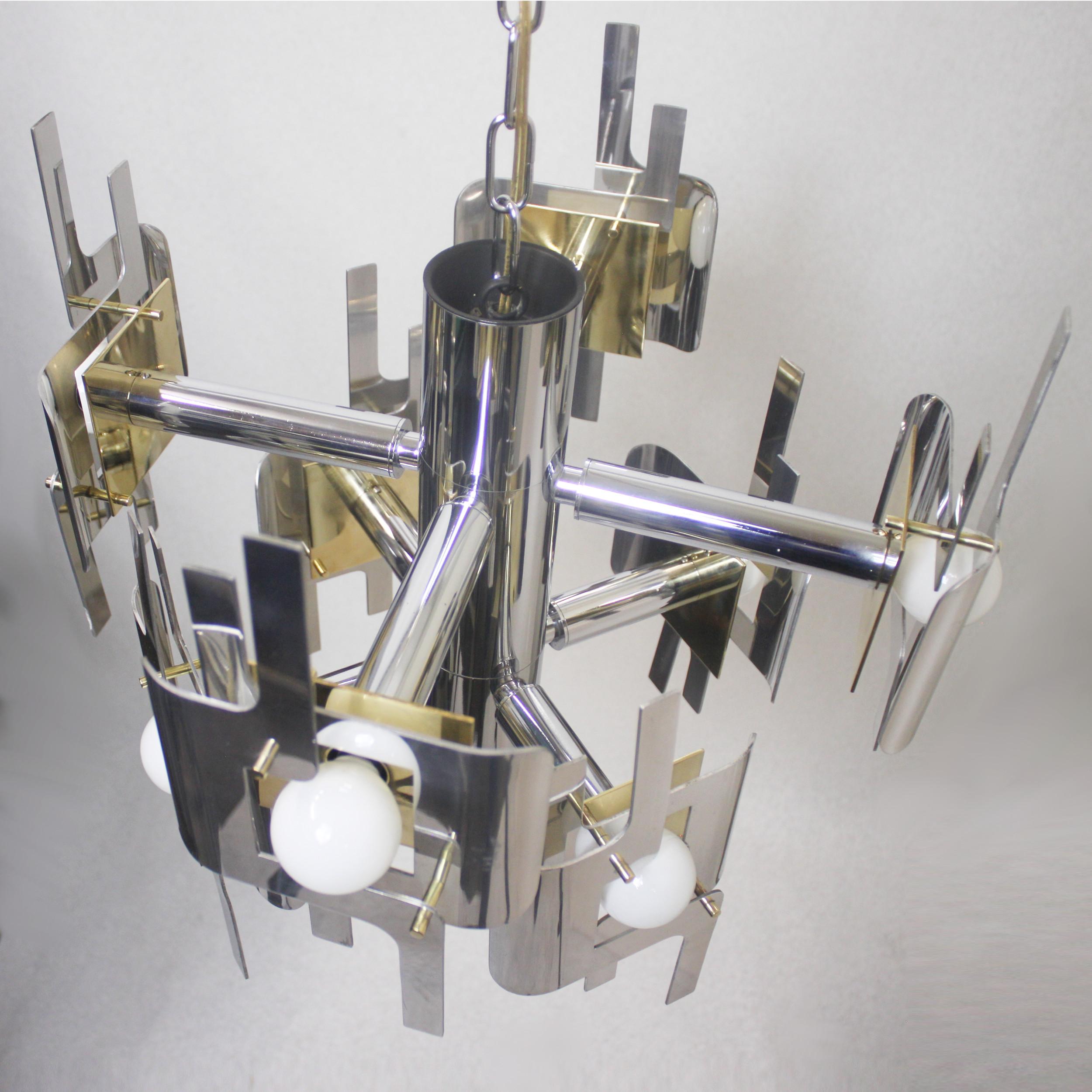 Aluminum Vintage 1970s Mid-Century Modern Brass and Chrome Chandelier by Gaetano Sciolari