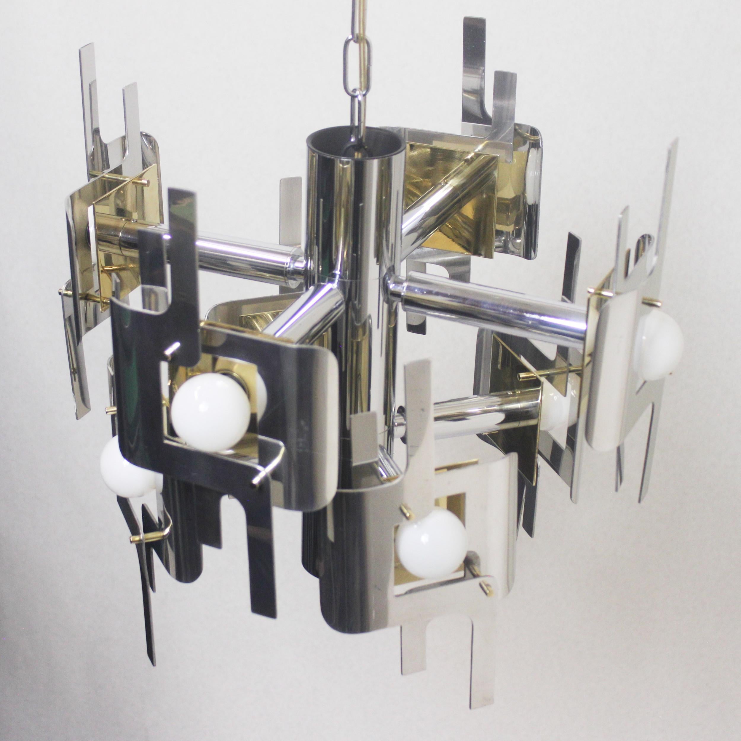 Vintage 1970s Mid-Century Modern Brass and Chrome Chandelier by Gaetano Sciolari 1