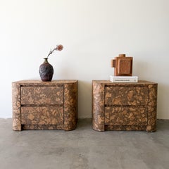 Vintage 1970s Mid Century Modern Pair of Cork Nightstands Burlwood