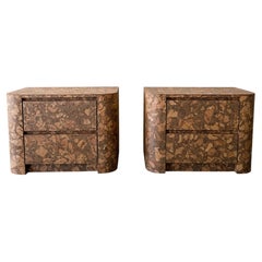 Vintage 1970s Mid Century Modern Pair of Cork Nightstands Burlwood