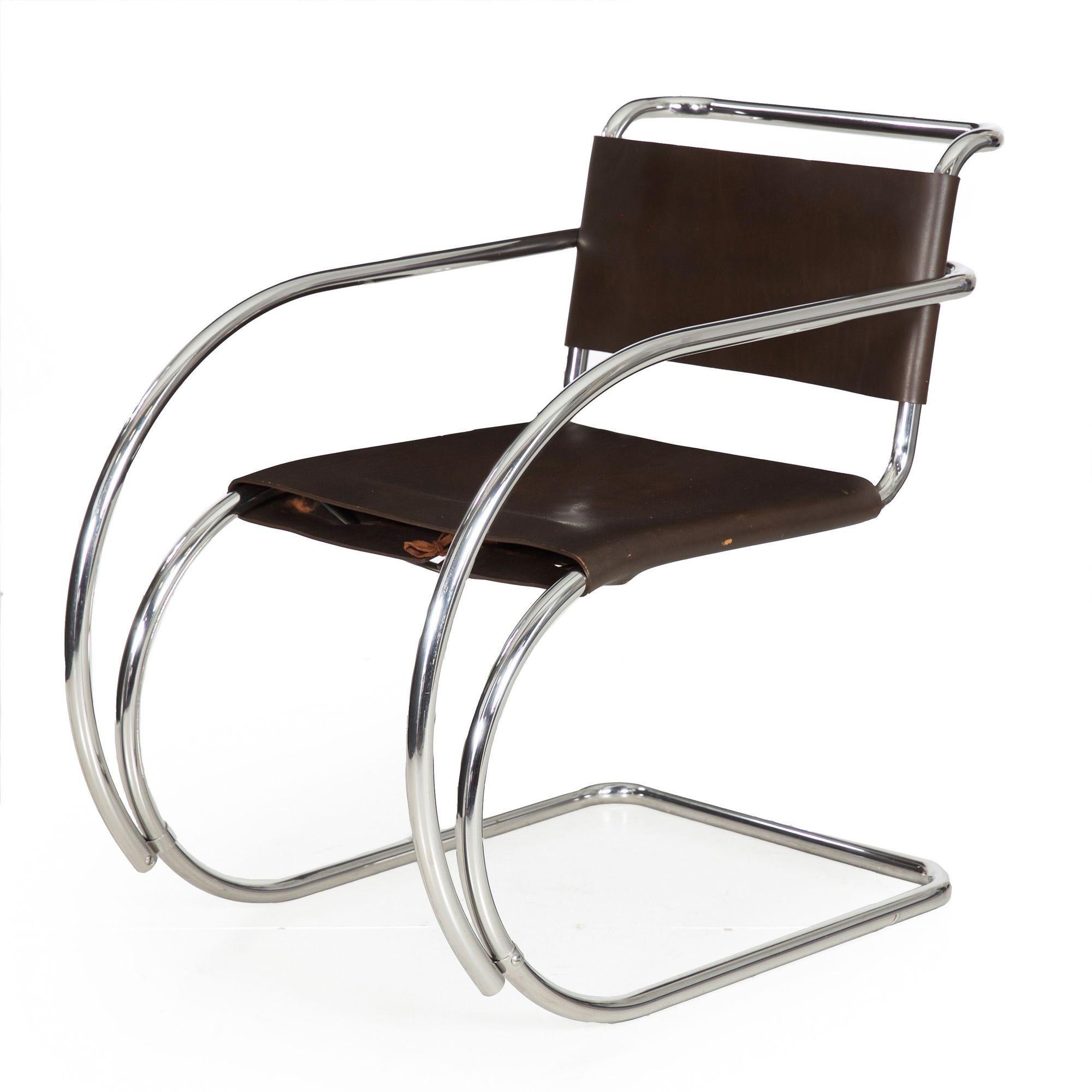 CHROME STEEL AND LEATHER MR20 ARMCHAIR
Designed by Mies van der Rohe, circa 1970s
Item # 205RSJ14P 

An iconic chair by Mies van der Rohe, this fine chromed steel and saddle leather MR20 armchair remains in excellent vintage condition. Likely
