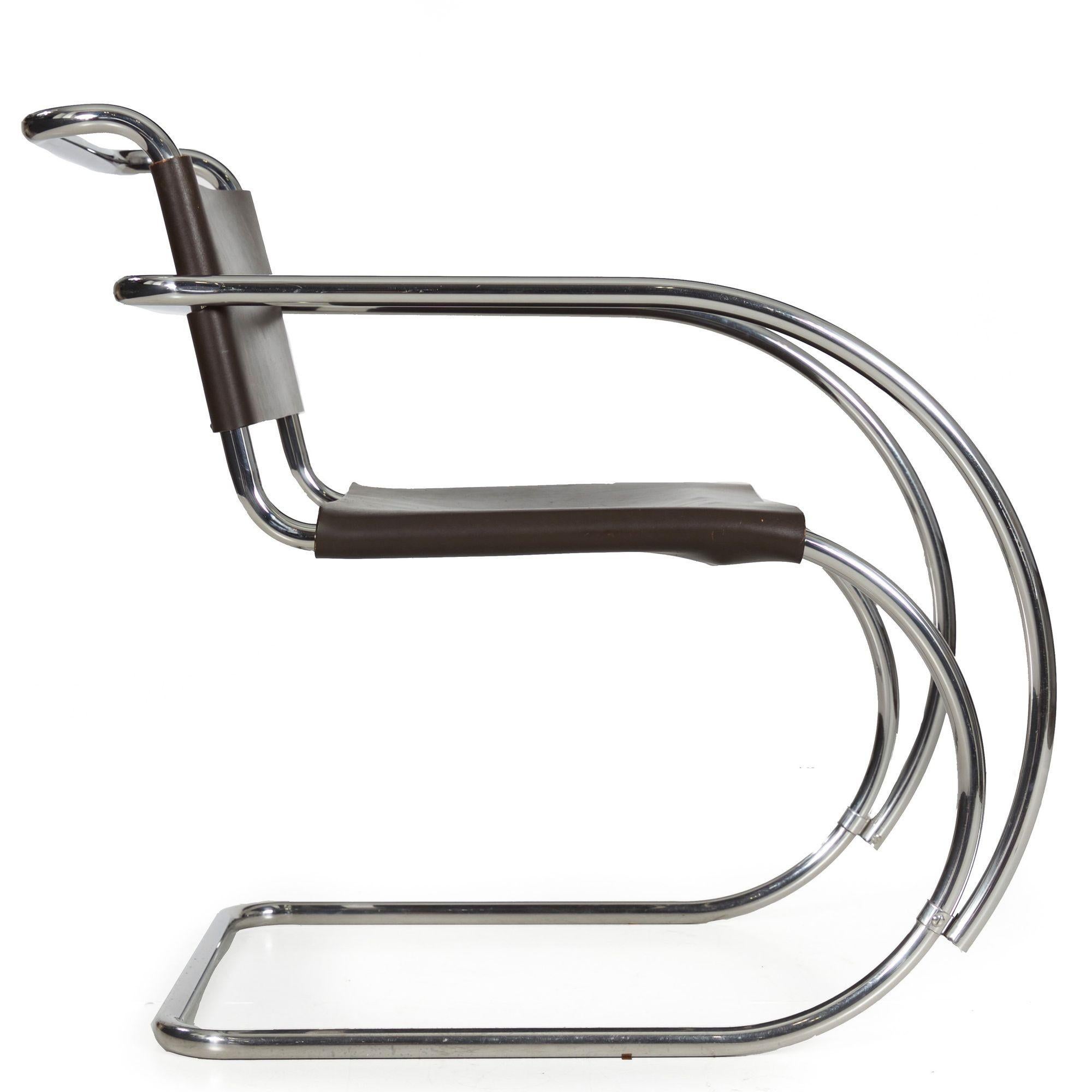 Mid-Century Modern Vintage 1970s Mies van der Rohe MR20 Leather and Chrome Armchair For Sale