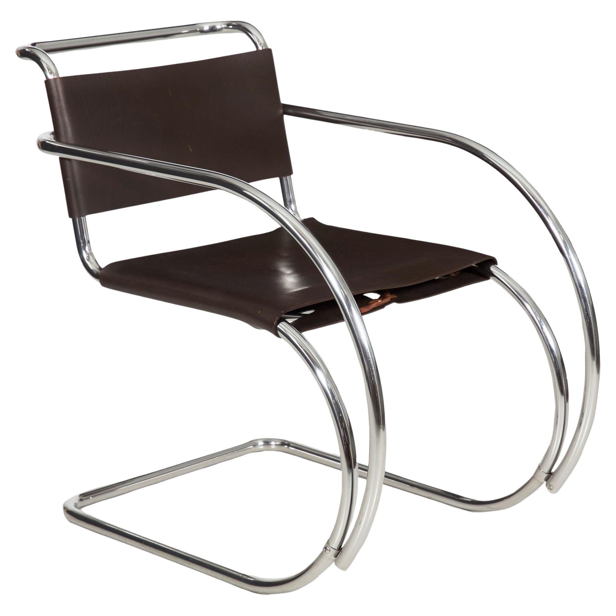Vintage 1970s Mies van der Rohe MR20 Leather and Chrome Armchair For Sale