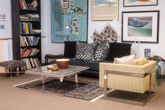 Vintage 1970 Milo Baughman Table basse carrée en verre chromé et pierre de travertin