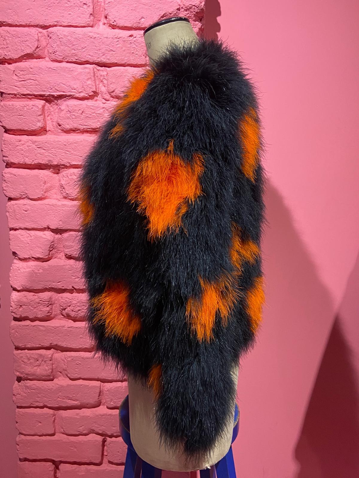 Vintage 1970's Miss Dior by Christian Dior Black/Orange Maribou Feather Jacket In Excellent Condition For Sale In London, GB