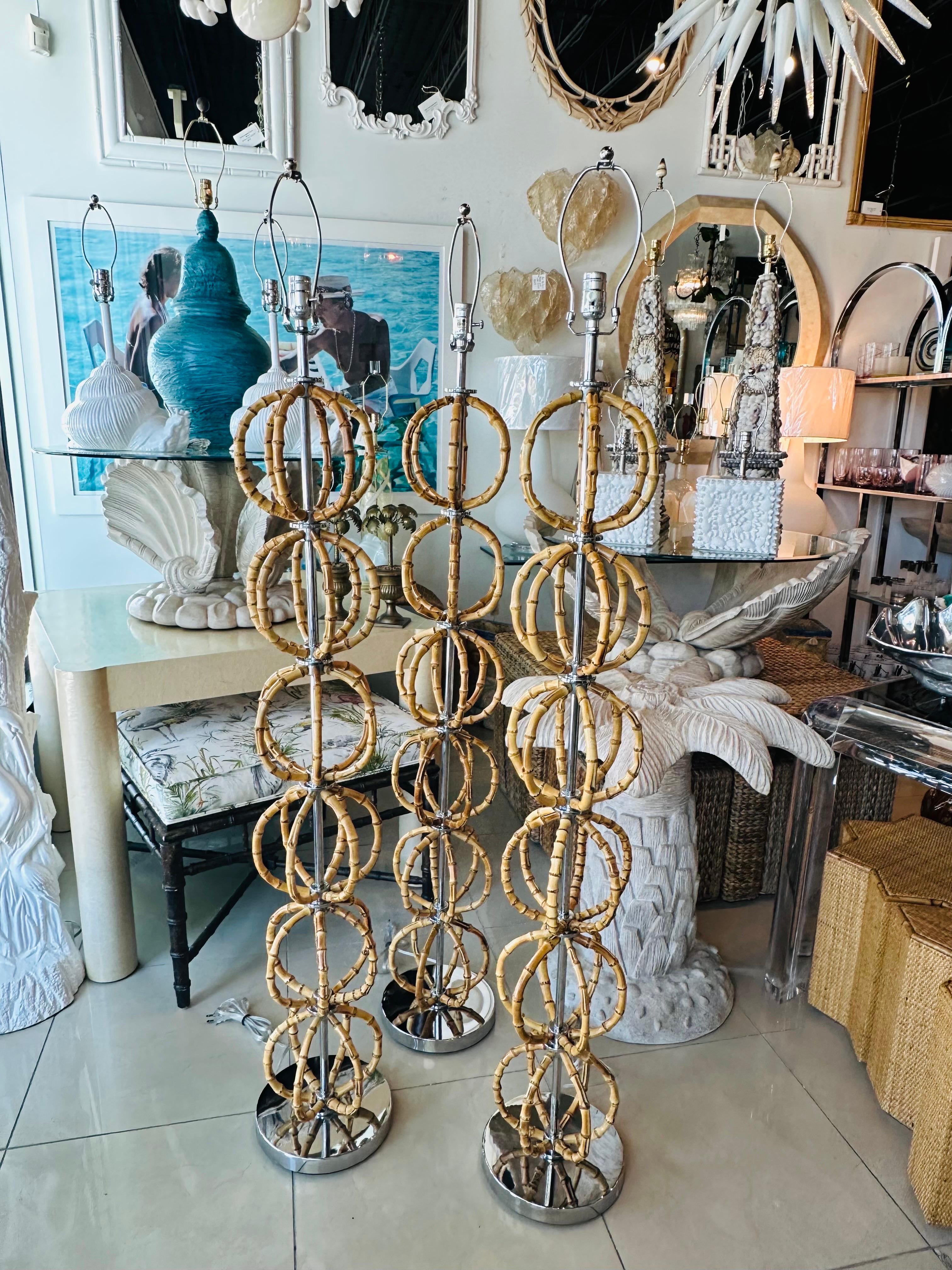 Vintage Italian Lamp moderna degli anni '70 in bambù e cromo appena cablata in vendita 9