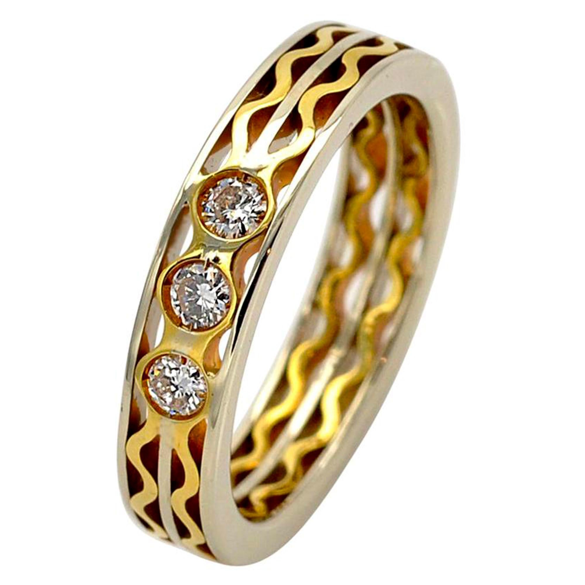 Bague à anneau en or bicolore 18K et diamants à motifs superposés