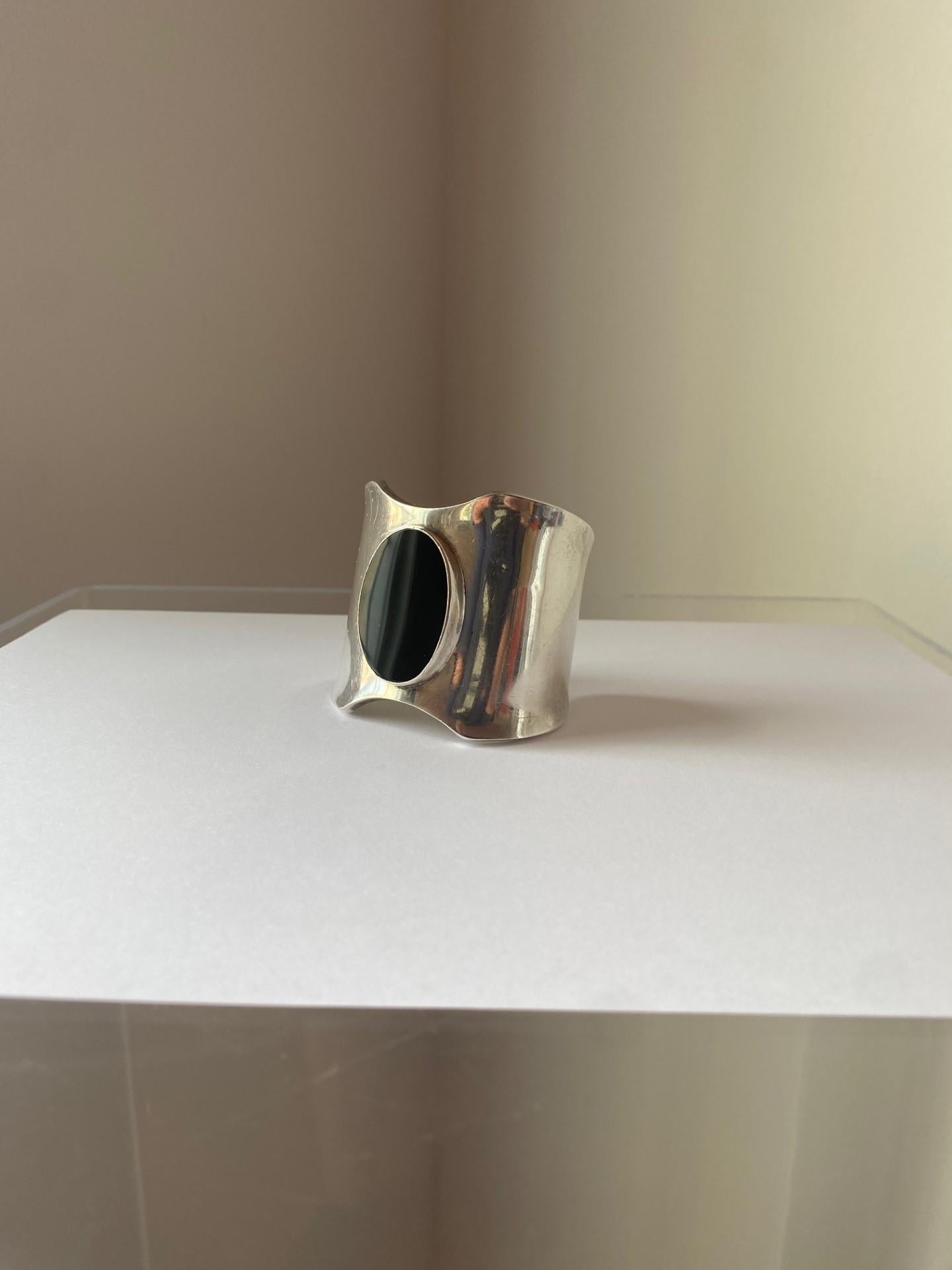 Mexican Vintage 1970s Modernist Sterling Silver & Onyx Bracelet Cuff by Los Ballesteros