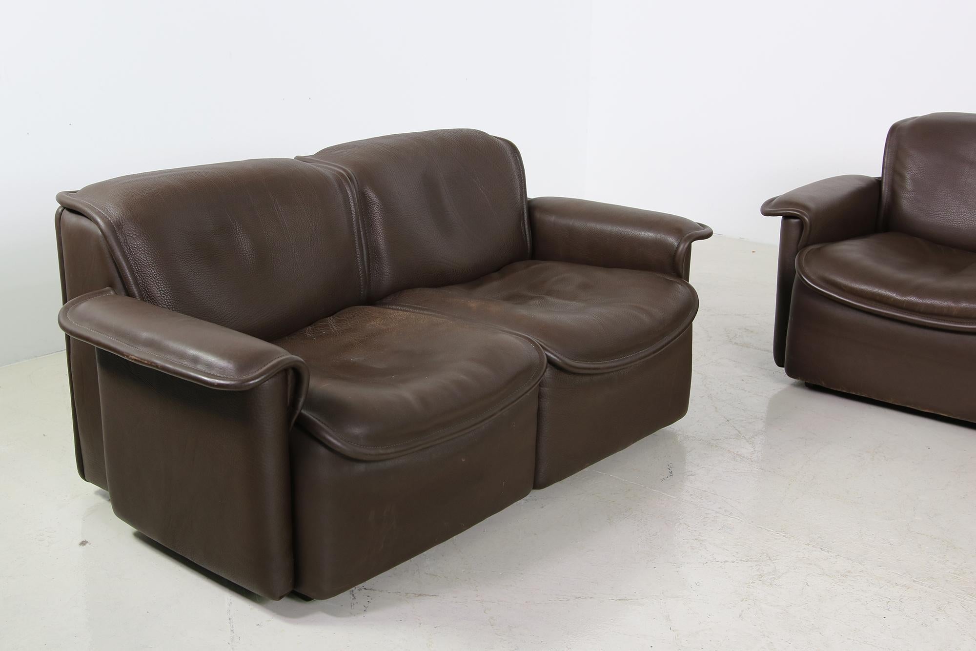 Vintage 1970s Modular De Sede DS 12 Brown Leather Sofa Set & Chair Seating Group 4