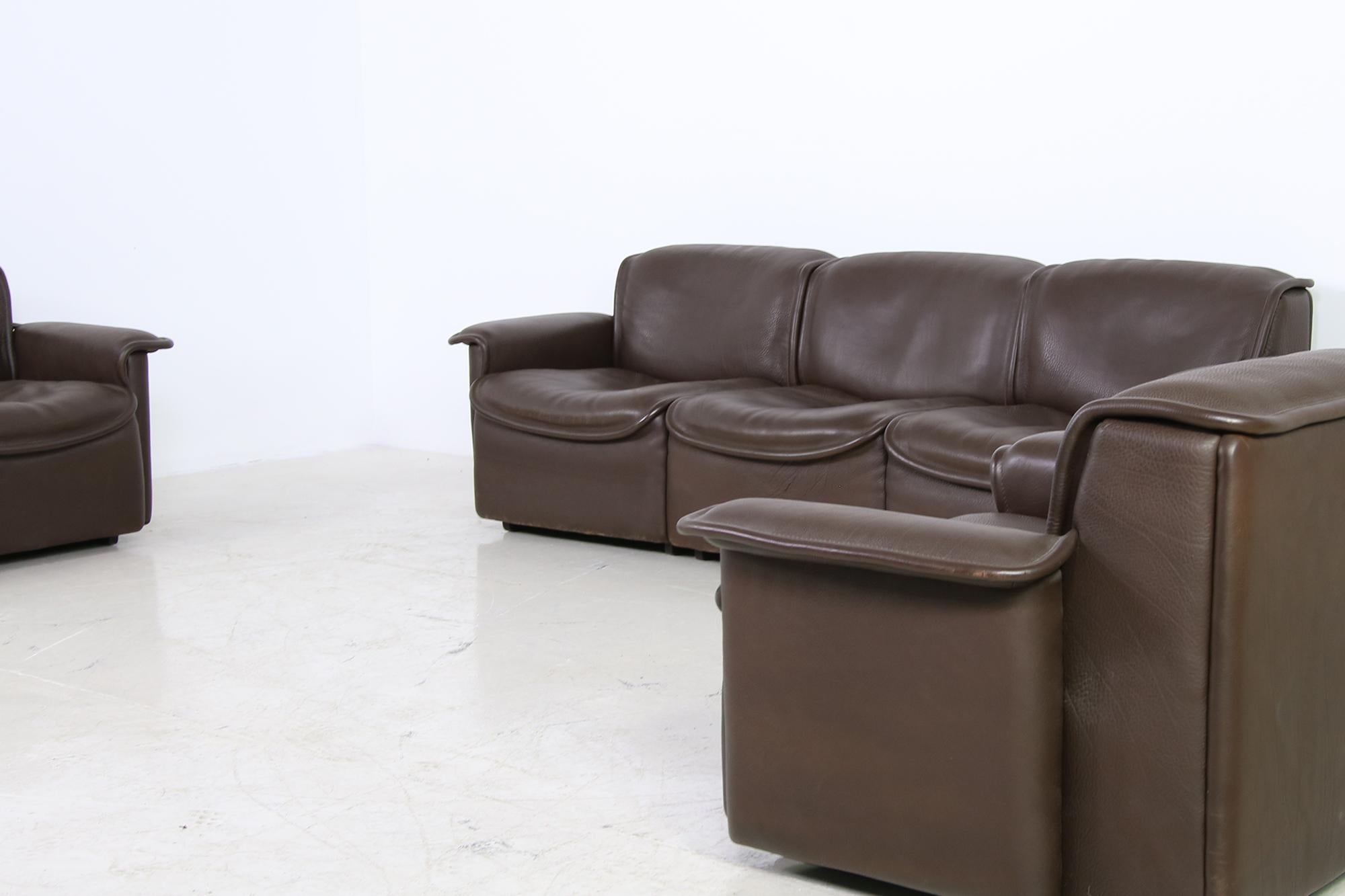Modern Vintage 1970s Modular De Sede DS 12 Brown Leather Sofa Set & Chair Seating Group