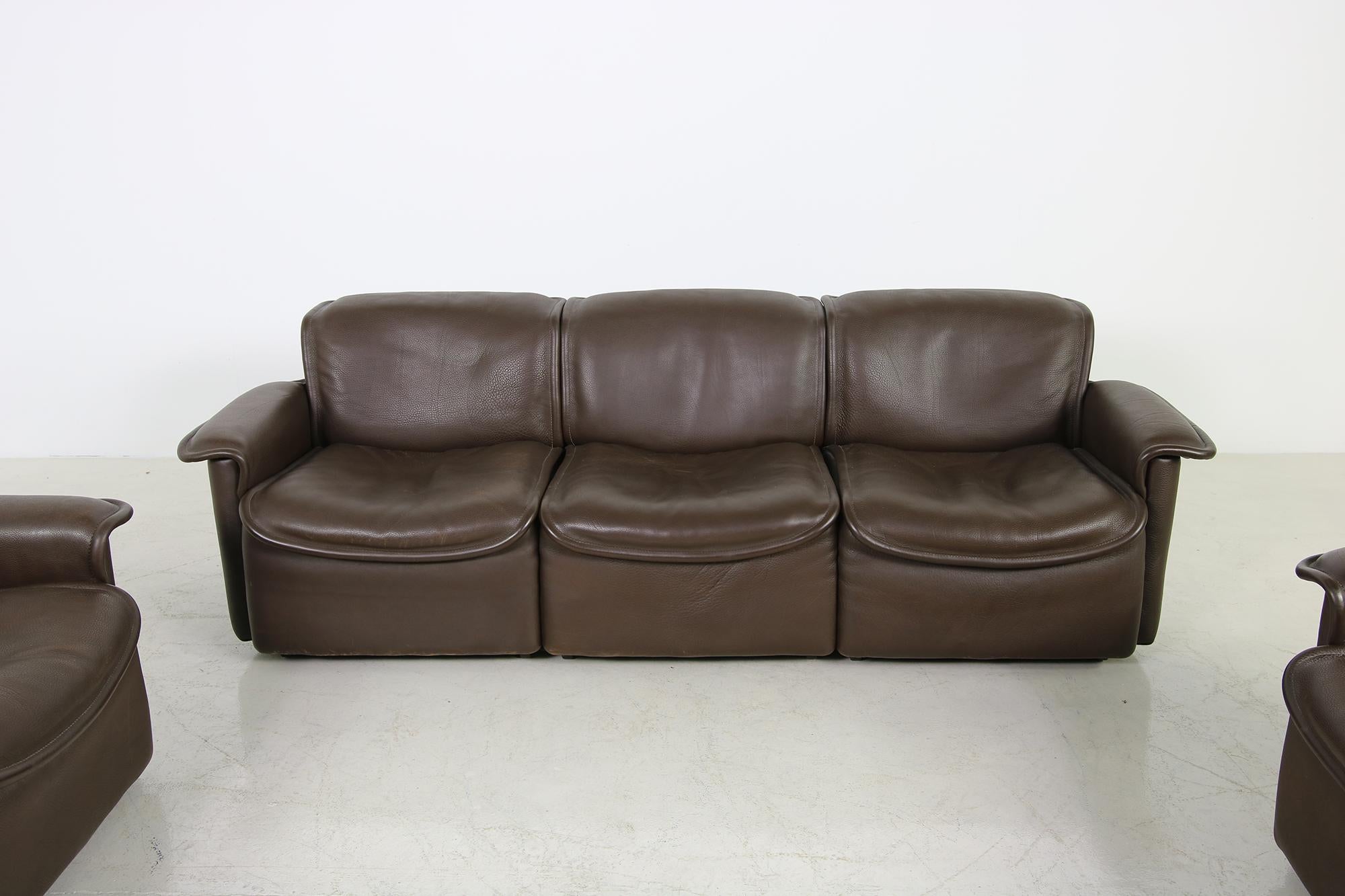 Vintage 1970s Modular De Sede DS 12 Brown Leather Sofa Set & Chair Seating Group In Good Condition In Hamminkeln, DE