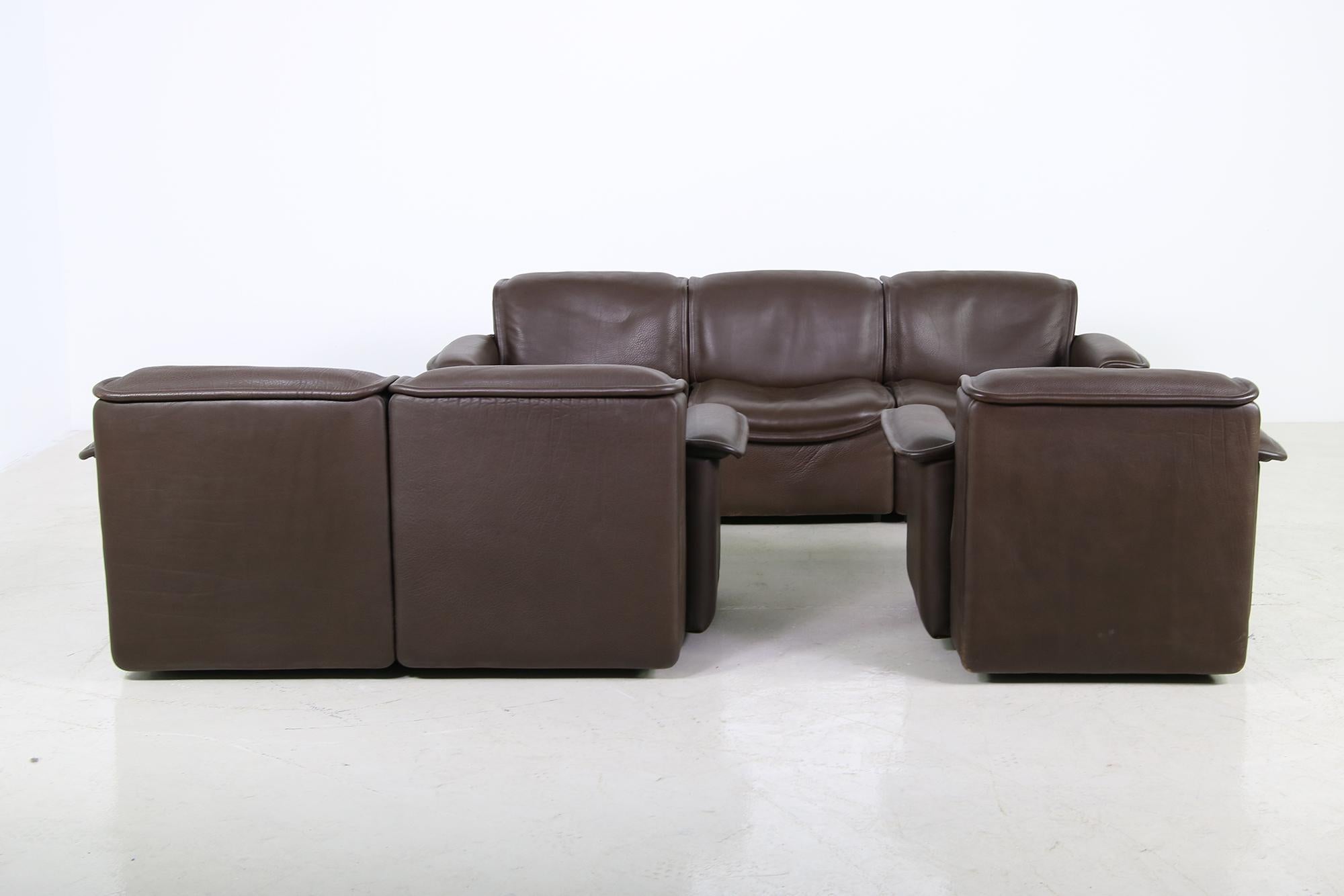 Late 20th Century Vintage 1970s Modular De Sede DS 12 Brown Leather Sofa Set & Chair Seating Group