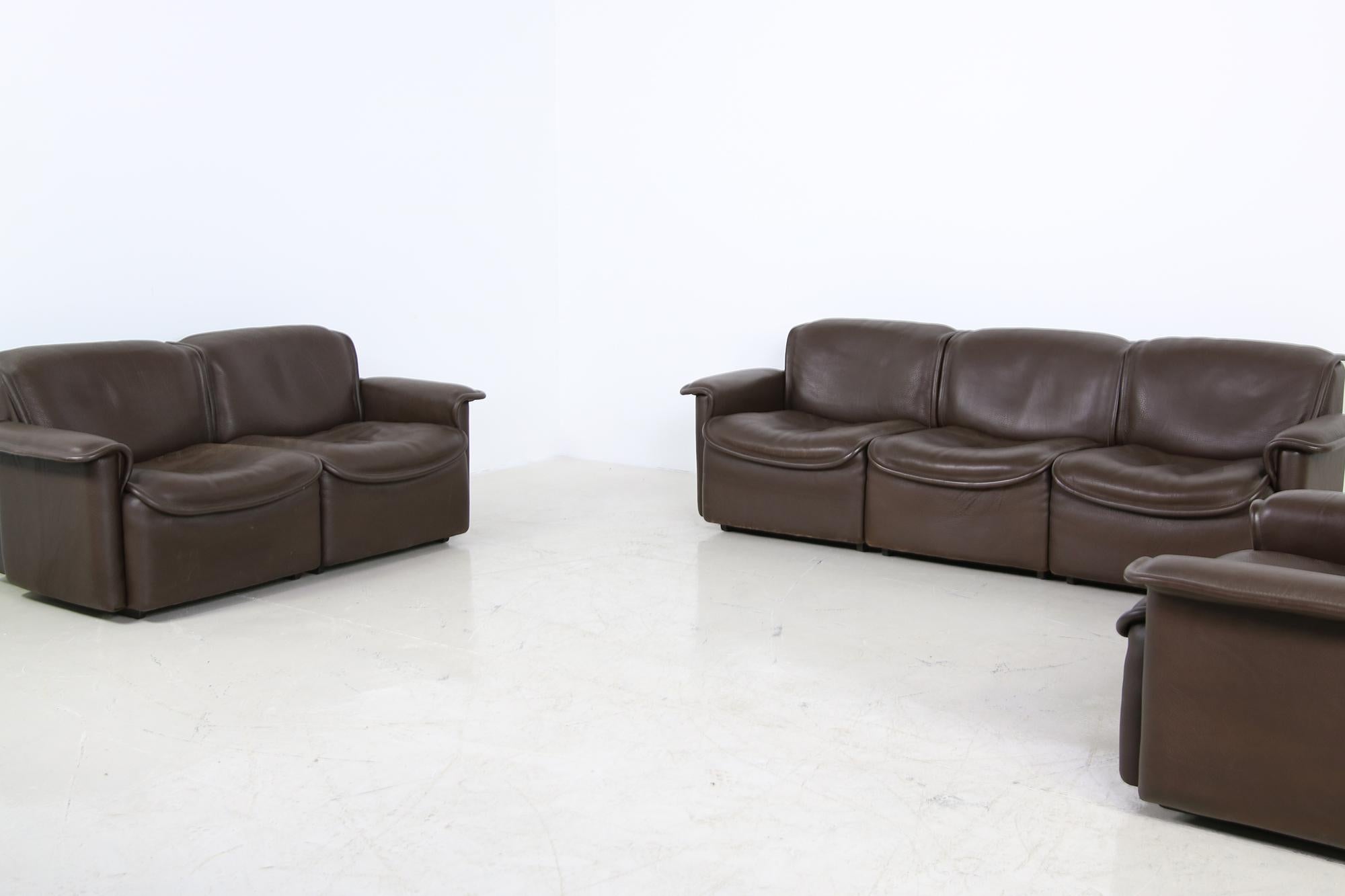 Vintage 1970s Modular De Sede DS 12 Brown Leather Sofa Set & Chair Seating Group 2