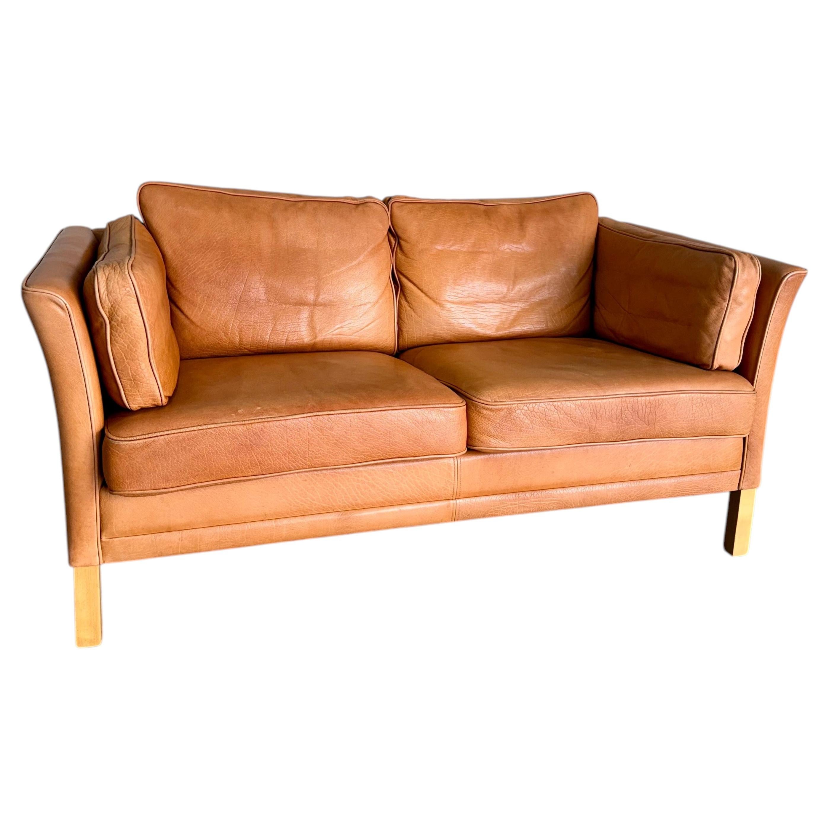Vintage 1970's Mogens Hansen Cognac Leather Loveseat For Sale