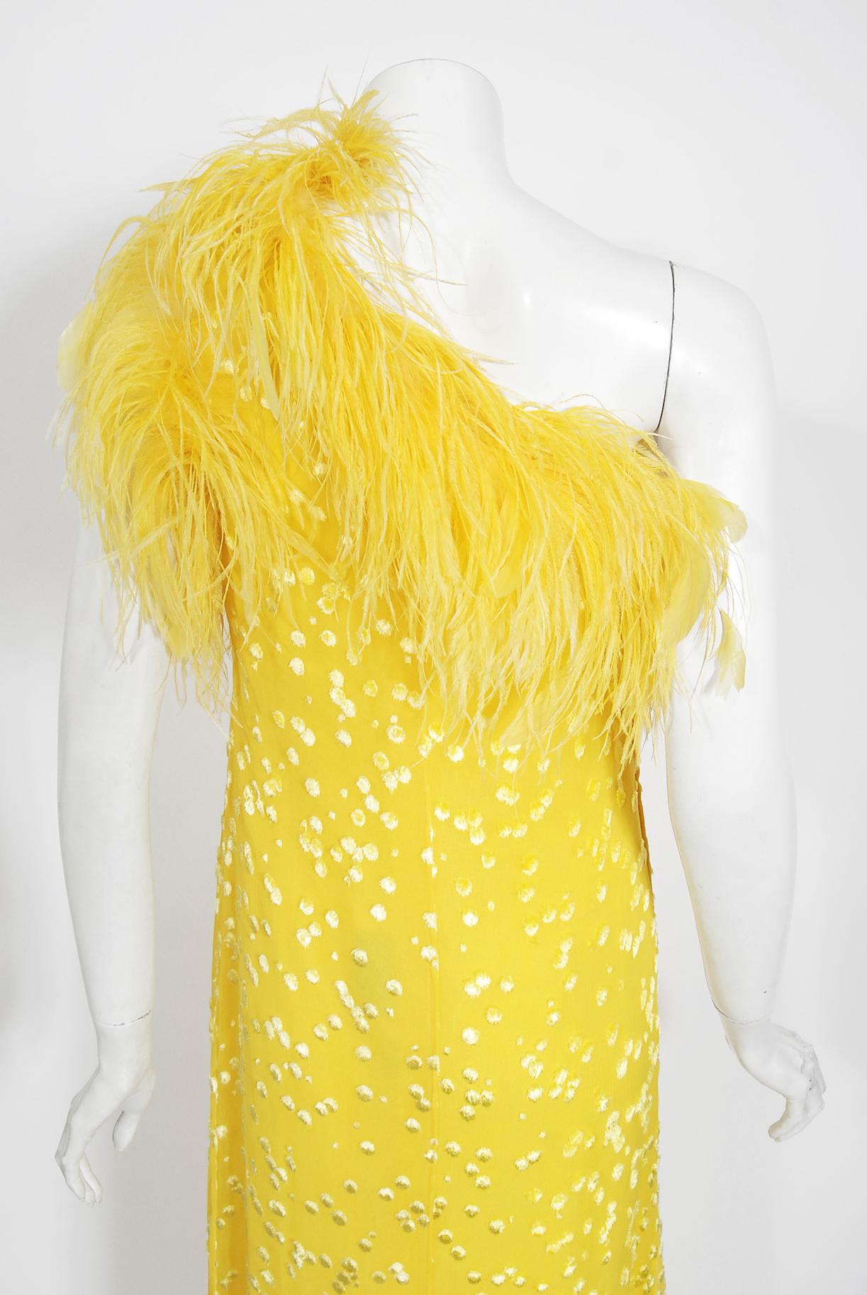Vintage 1970s Mollie Parnis Bright Yellow Flocked Silk One-Shoulder Feather Gown 4