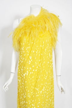 Vintage 1970s Mollie Parnis Bright Yellow Flocked Silk One-Shoulder Feather Gown