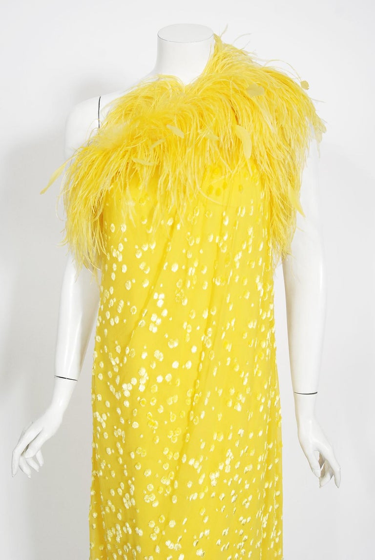 Vibrant sunshine yellow flocked silk Mollie Parnis designer gown dating back to the early 1970's. Parnis belongs to the first generation of American designers known to the public by name rather than by affiliation to a department store. Her designs